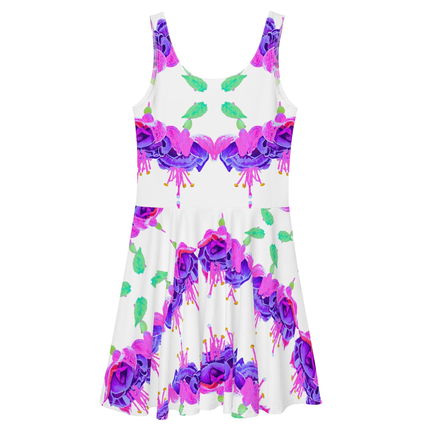 Fuscia Flower Casual Spring Outfit, Botanical Sleeveless Skater Dress, Bright Secretary Dress