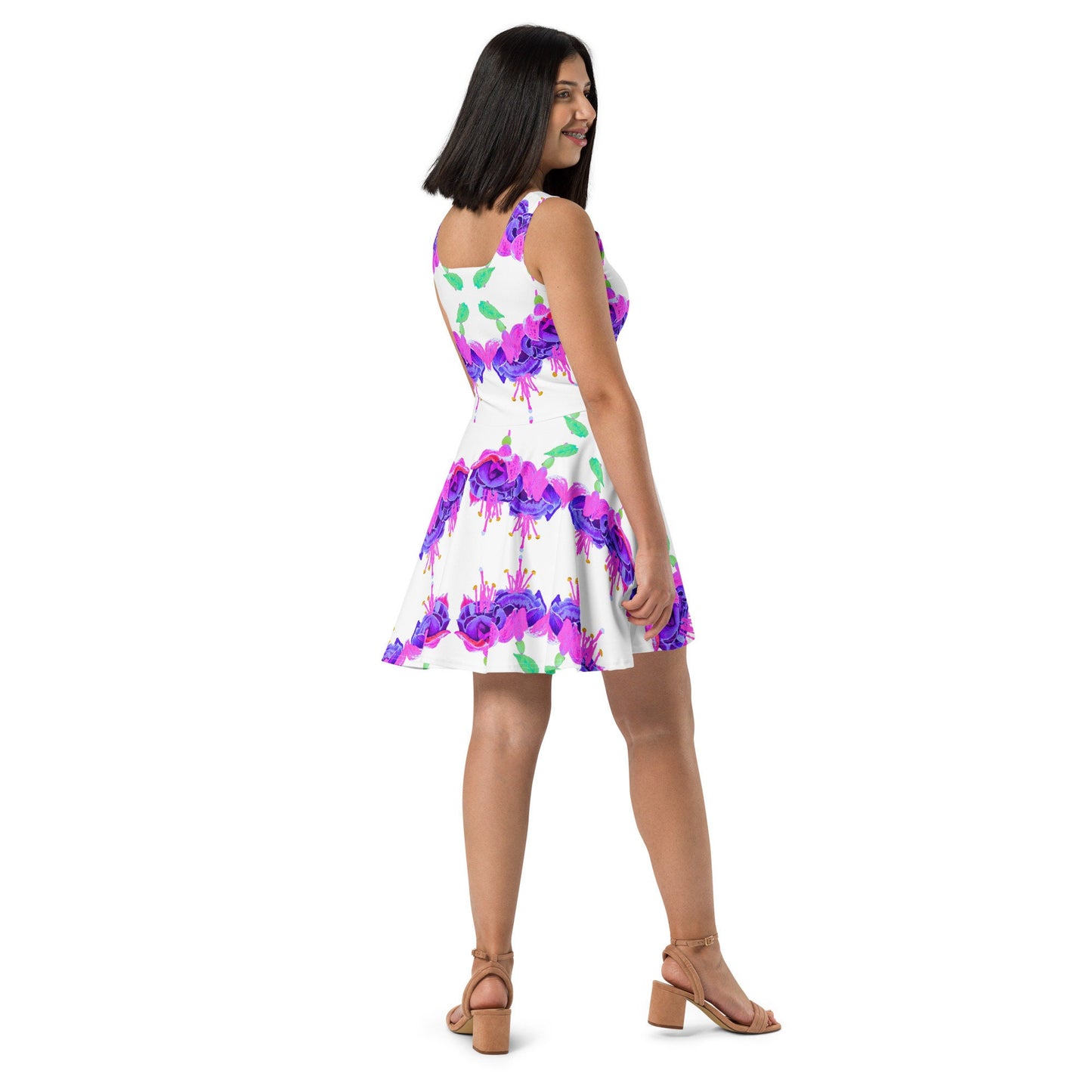 Fuscia Flower Casual Spring Outfit, Botanical Sleeveless Skater Dress, Bright Secretary Dress