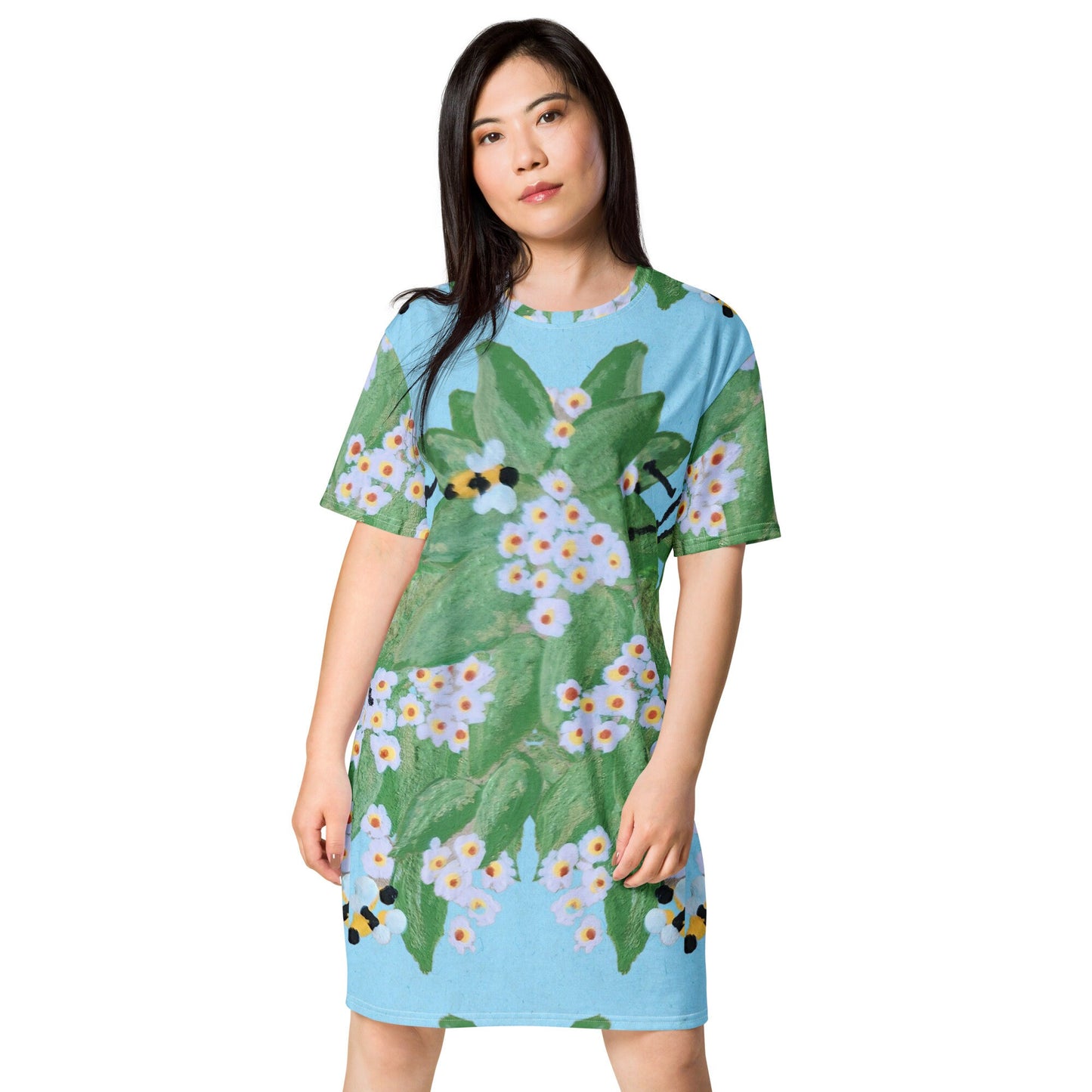 Floral Bees on Light Blue T-shirt Dress, Casual Botanical Spring Outfit, Colorful Nightgown