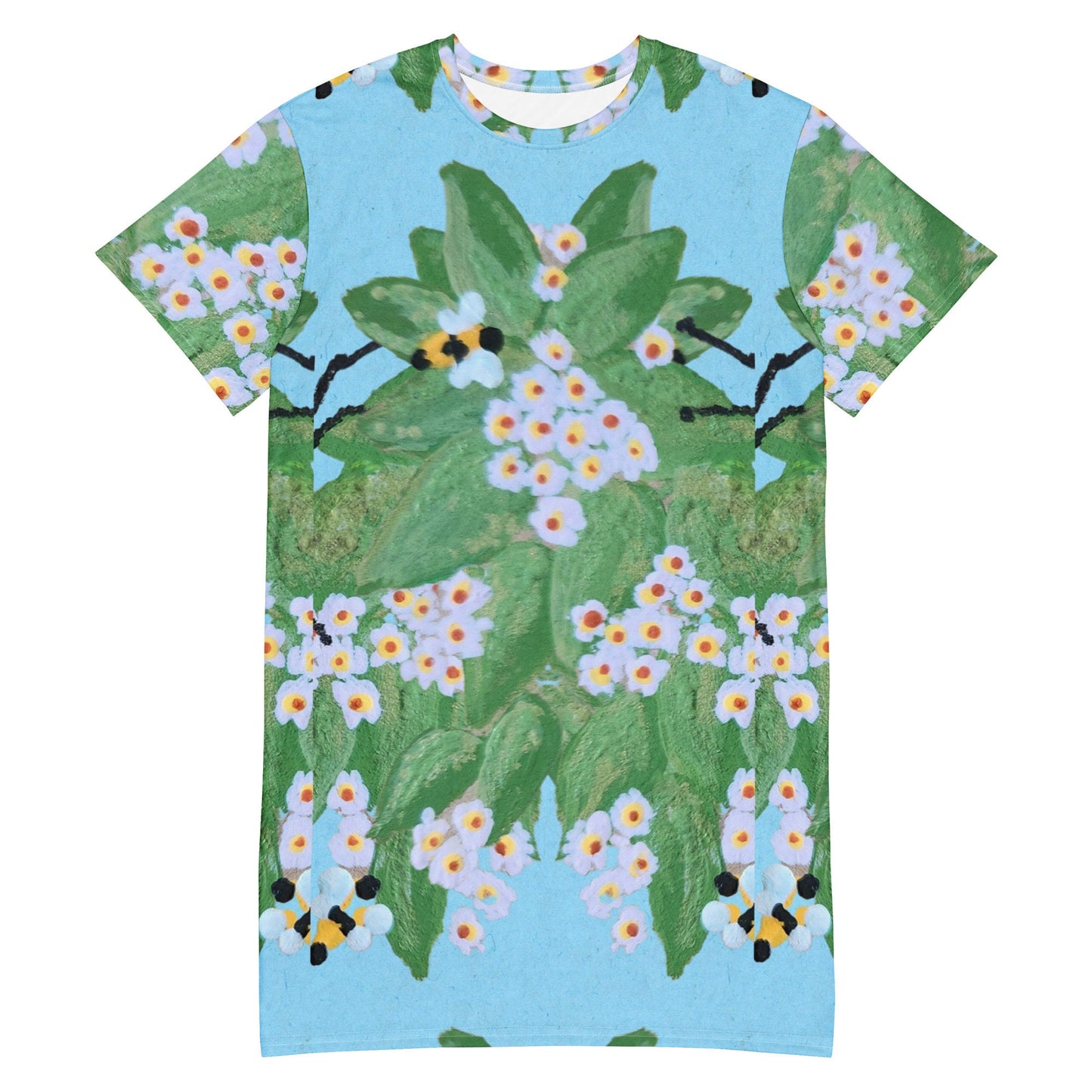 Floral Bees on Light Blue T-shirt Dress, Casual Botanical Spring Outfit, Colorful Nightgown