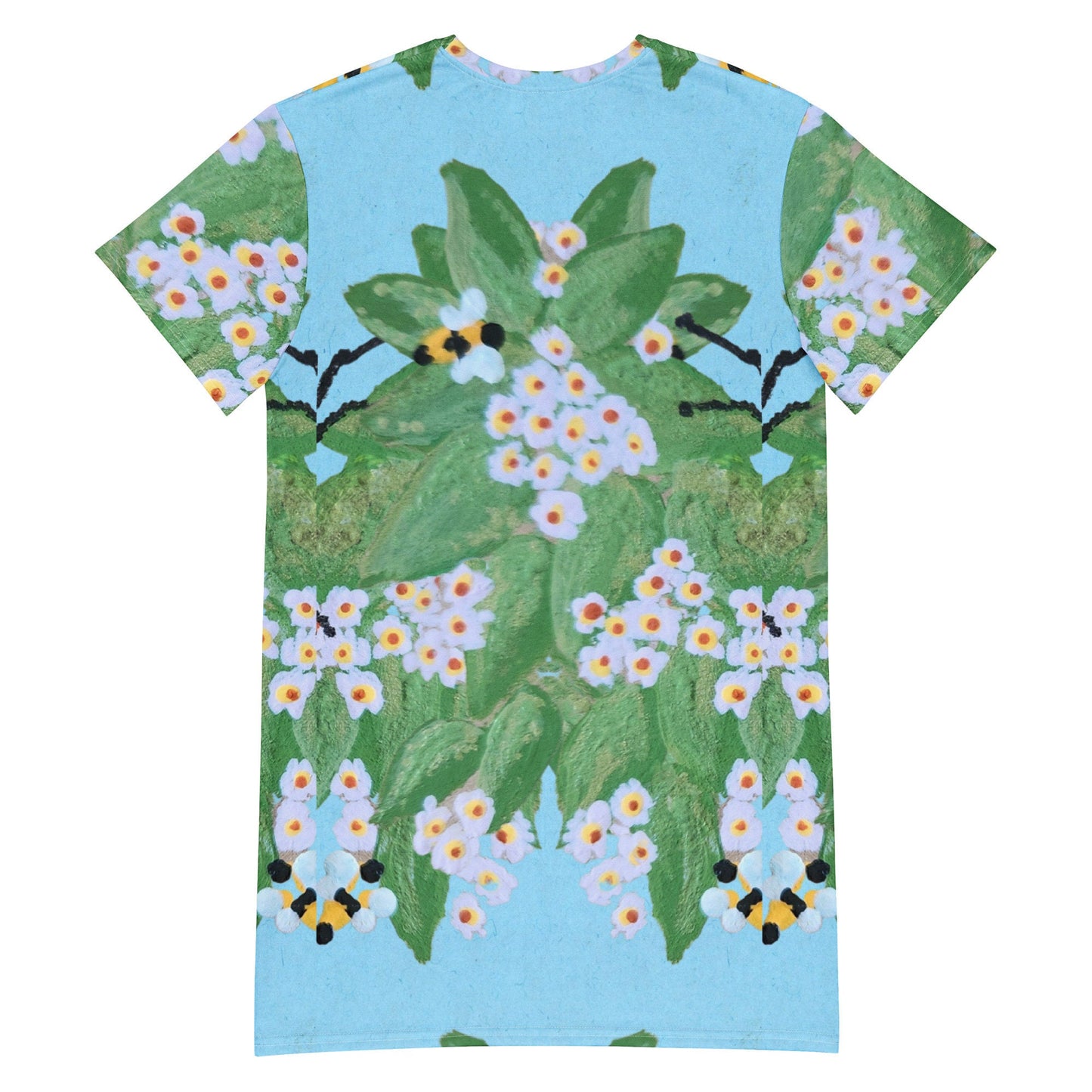 Floral Bees on Light Blue T-shirt Dress, Casual Botanical Spring Outfit, Colorful Nightgown