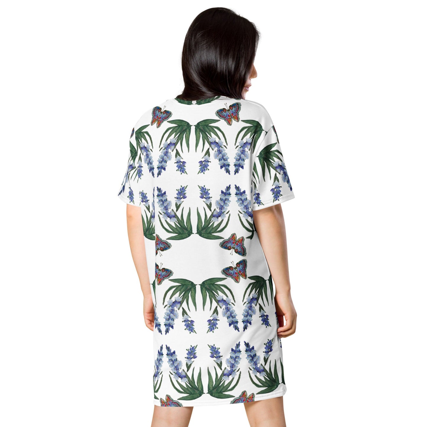 Wisteria Floral Pattern Spring Outfit, Plus Size Flower Print T-shirt Dress, Trending Colorful Nightgown