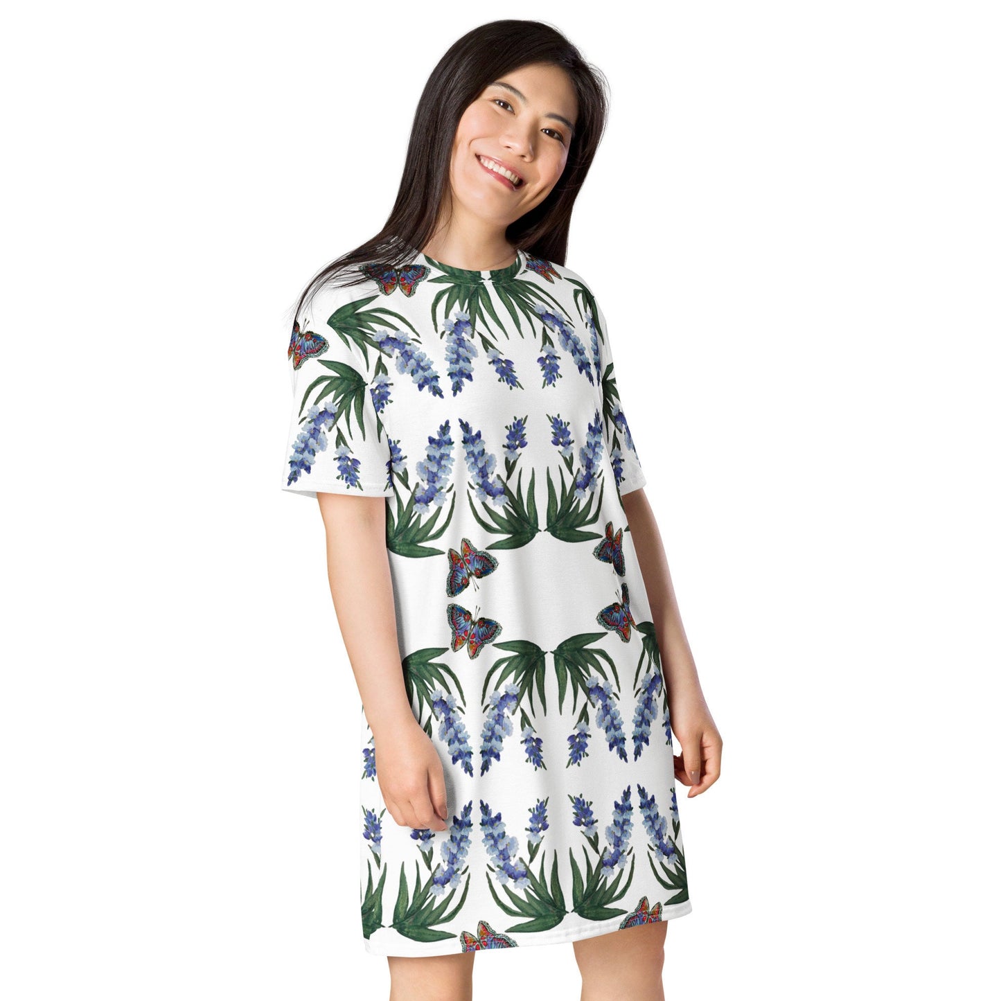 Wisteria Floral Pattern Spring Outfit, Plus Size Flower Print T-shirt Dress, Trending Colorful Nightgown
