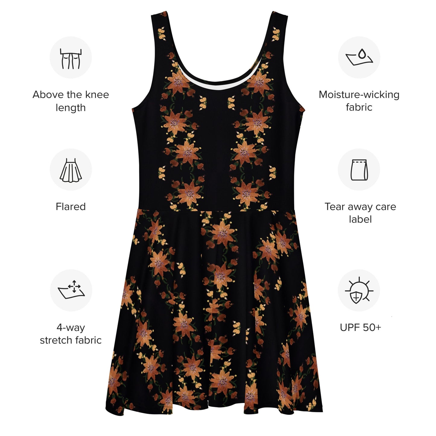 Gold Flower Skater Dress, Little Black Cocktail Dress, Oversized Casual Spring Outfit, Decorative Floral Apparel