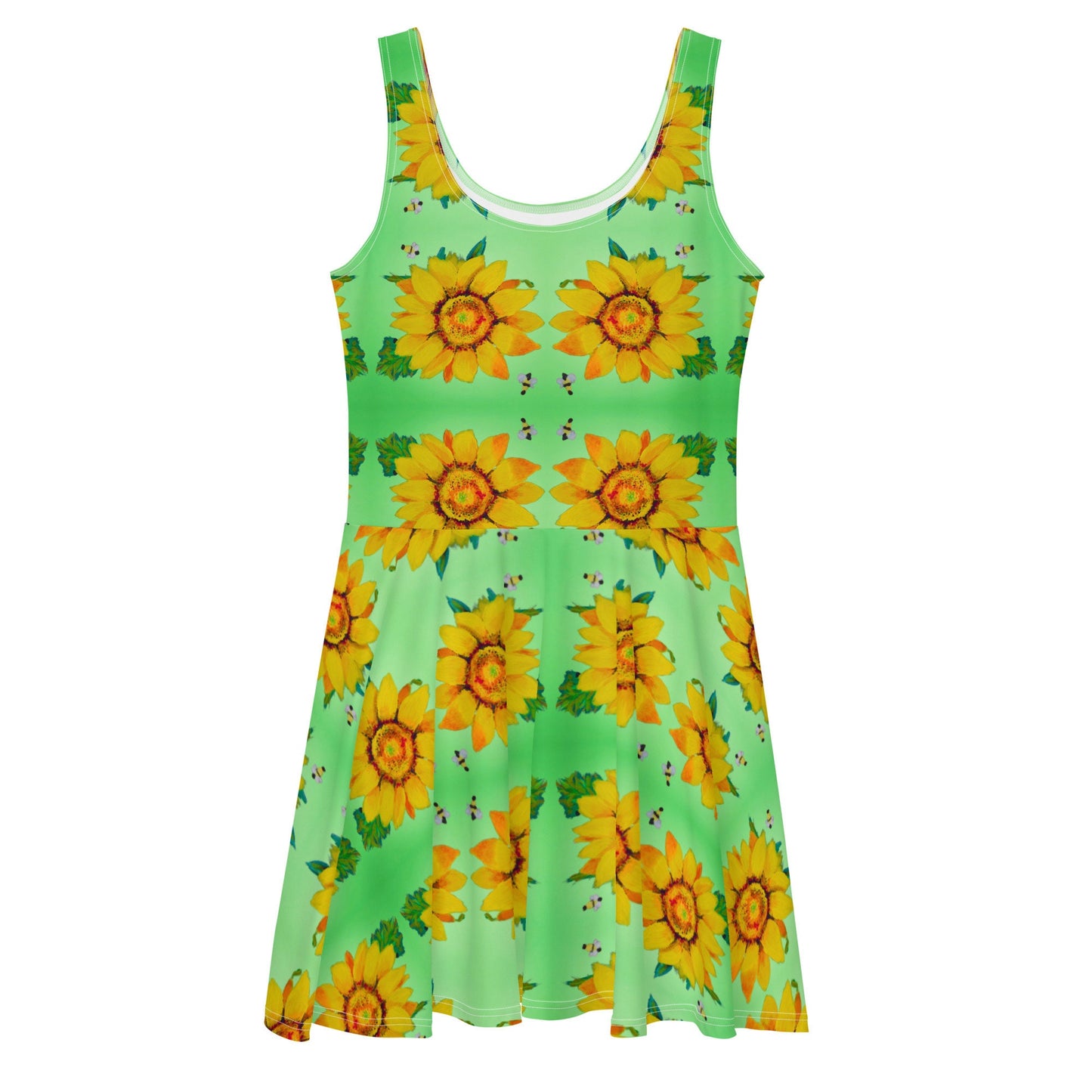 Casual Spring Sunflower Sundress, Trending Plus Size Skater Dress, Colorful Floral Secretary Outfit