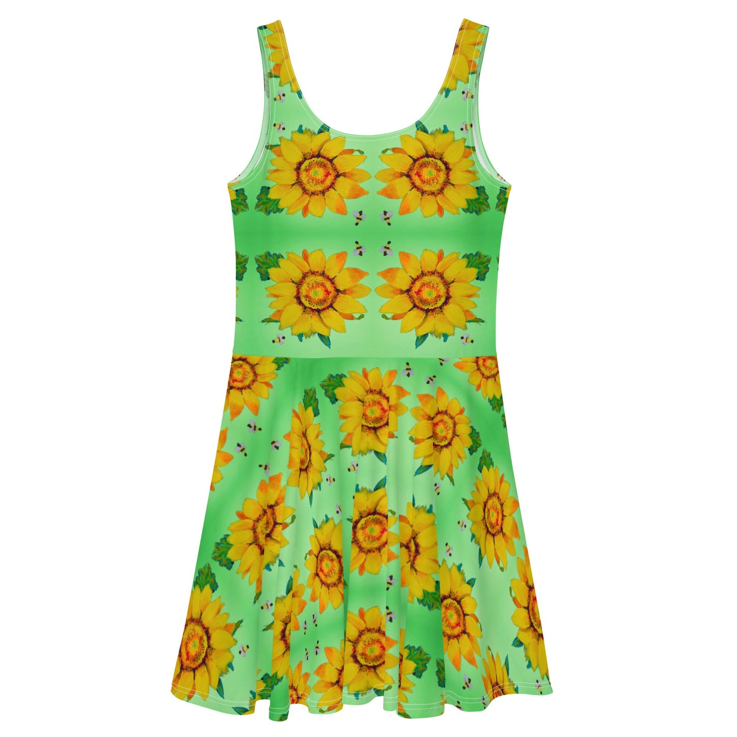 Casual Spring Sunflower Sundress, Trending Plus Size Skater Dress, Colorful Floral Secretary Outfit
