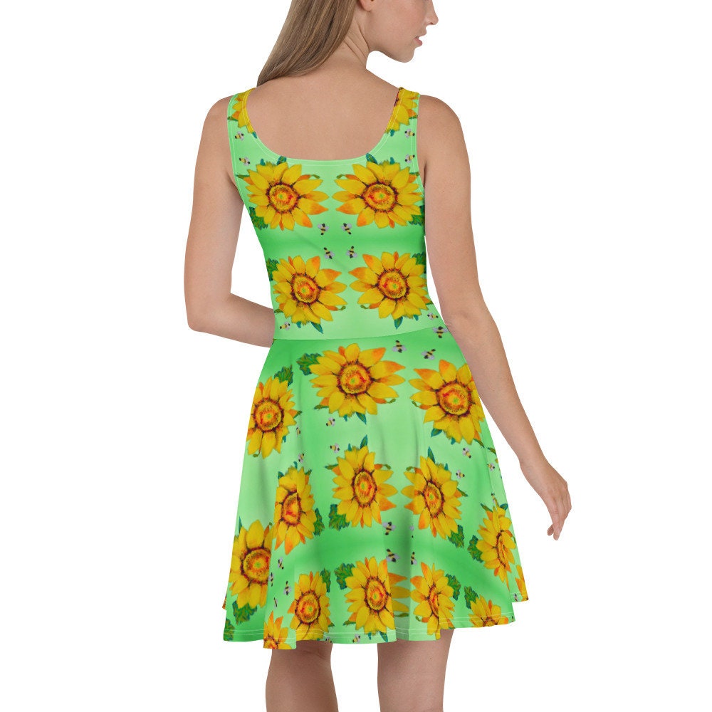 Casual Spring Sunflower Sundress, Trending Plus Size Skater Dress, Colorful Floral Secretary Outfit