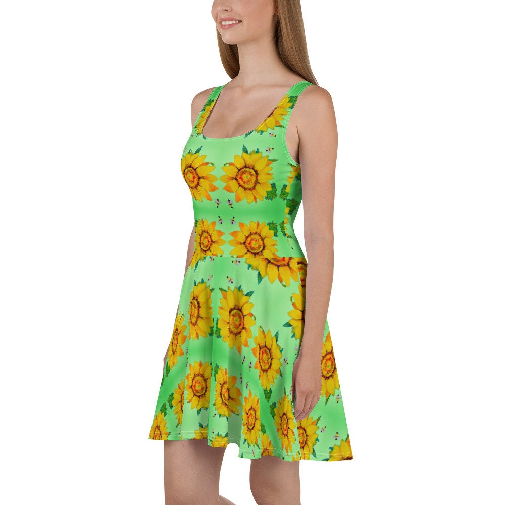 Casual Spring Sunflower Sundress, Trending Plus Size Skater Dress, Colorful Floral Secretary Outfit