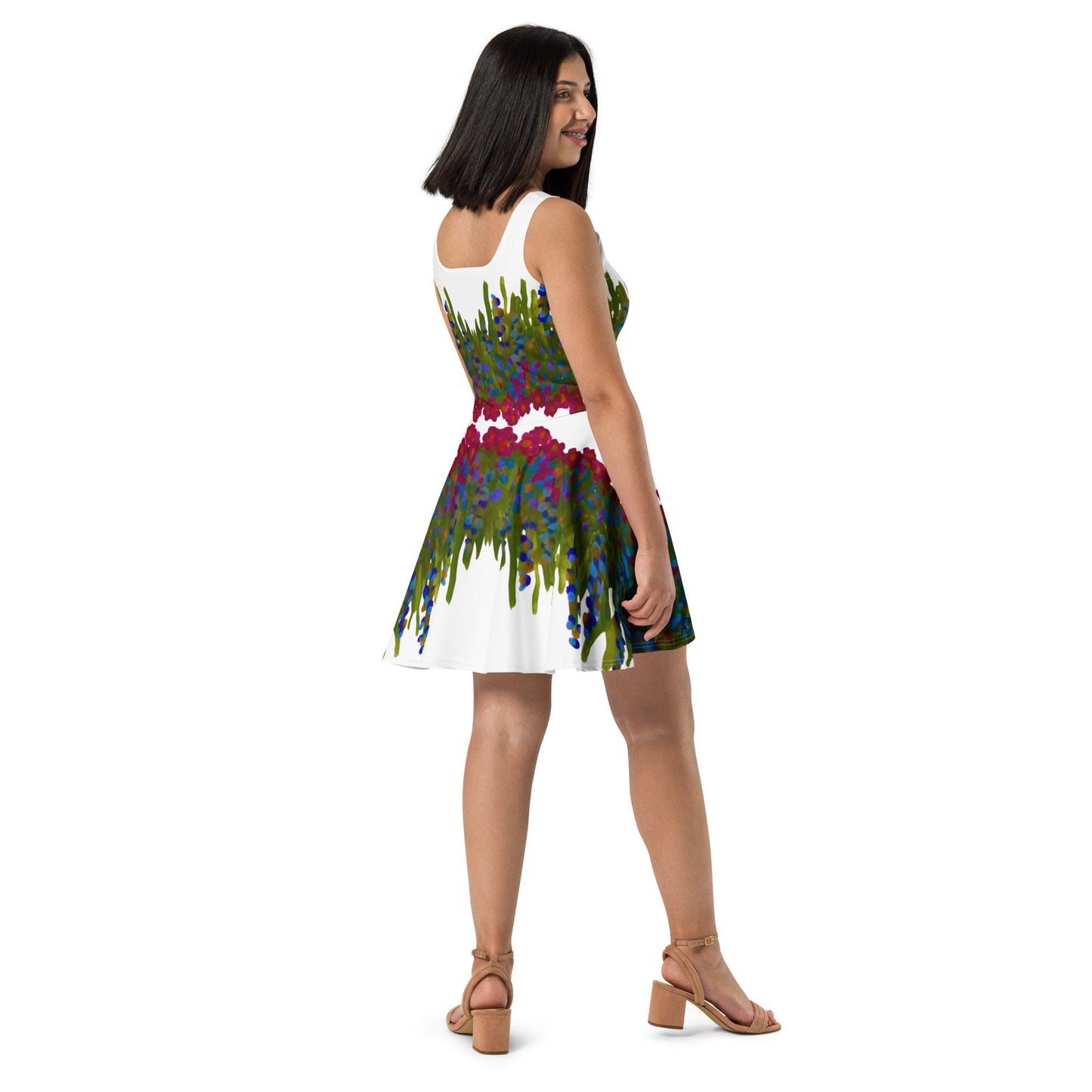 Botanical Sleeveless Skater Dress, Casual Spring Floral Secretary Outfit, Trending Colorful Plus Size Sundress