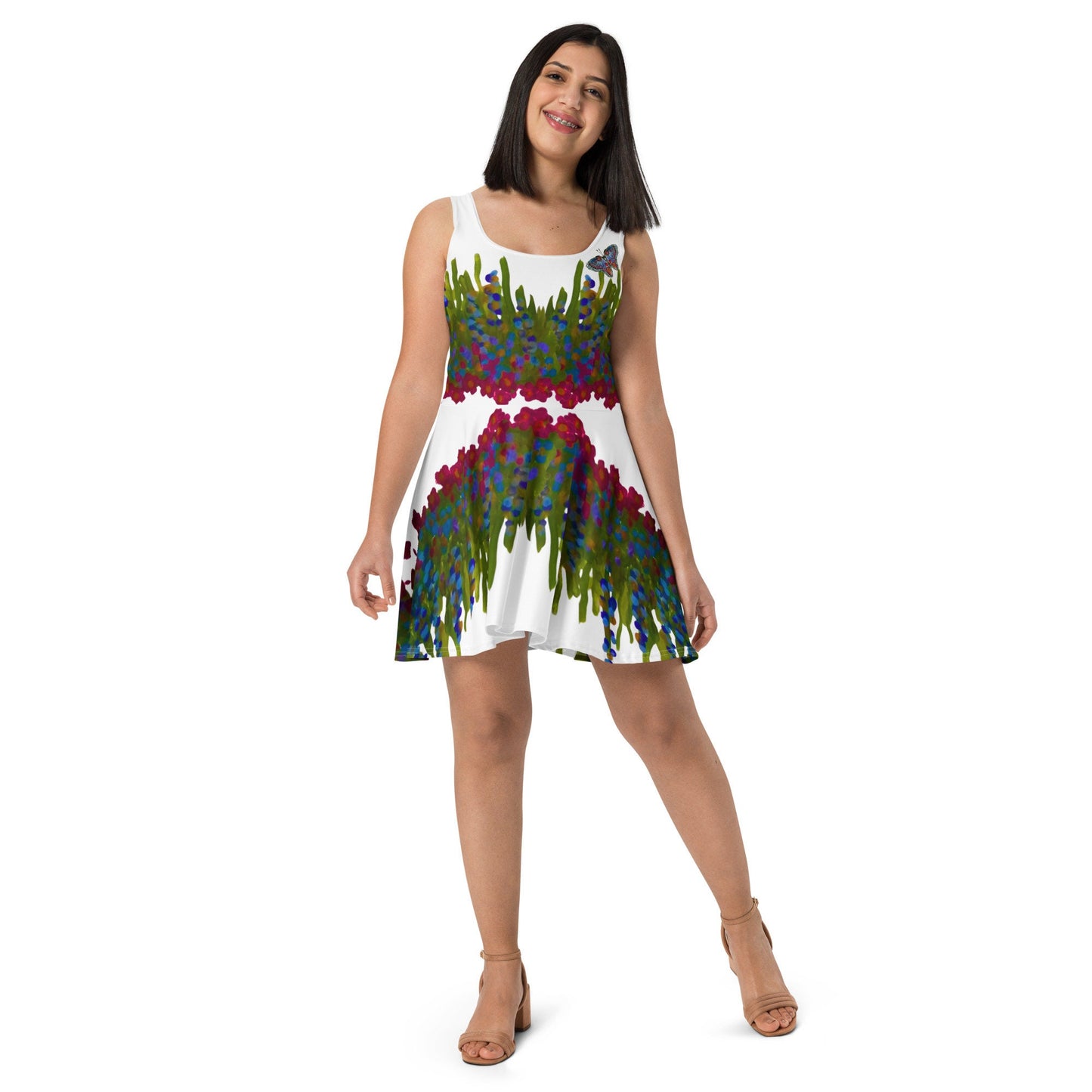 Botanical Sleeveless Skater Dress, Casual Spring Floral Secretary Outfit, Trending Colorful Plus Size Sundress