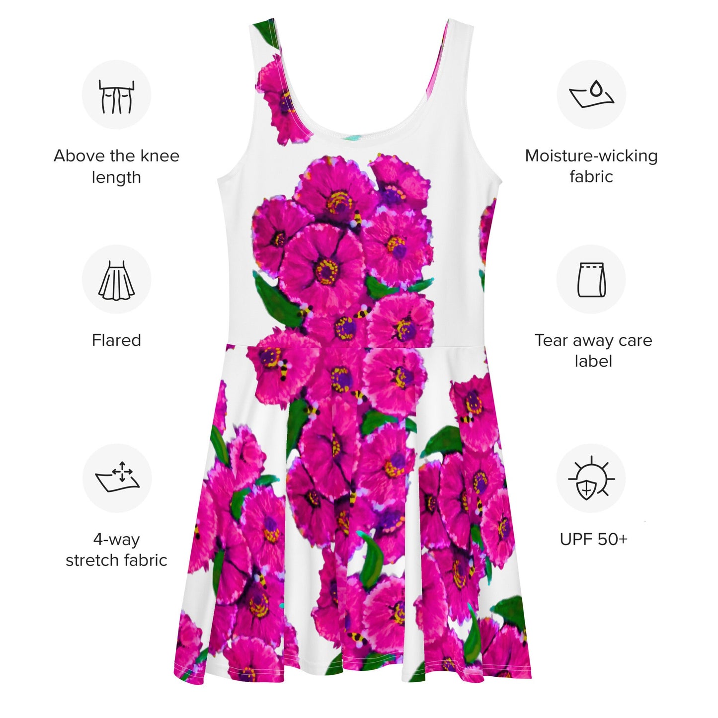 Bright Pink Floral Sleeveless Sundress, Spring Secretary Casual Outfit, Colorful Botanical Skater Dress