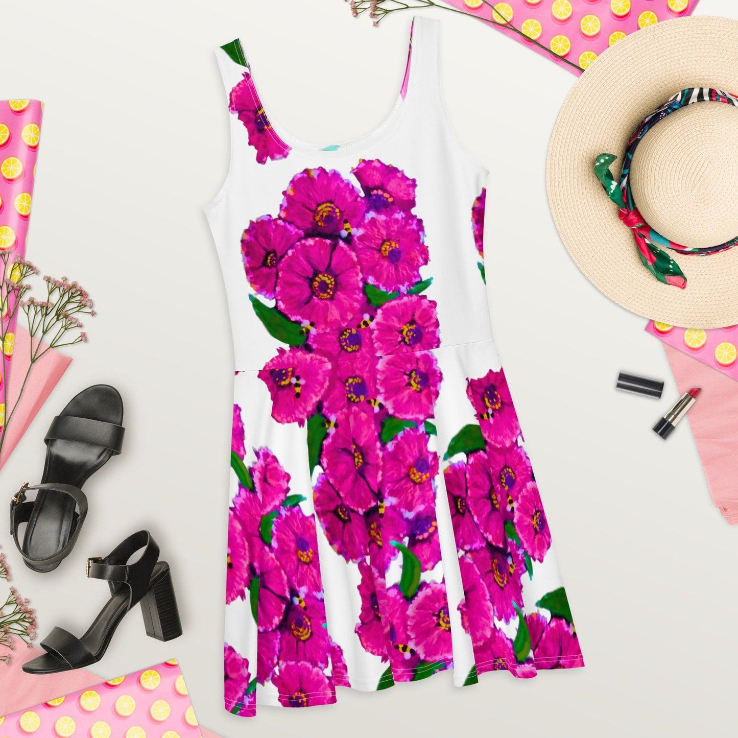 Bright Pink Floral Sleeveless Sundress, Spring Secretary Casual Outfit, Colorful Botanical Skater Dress