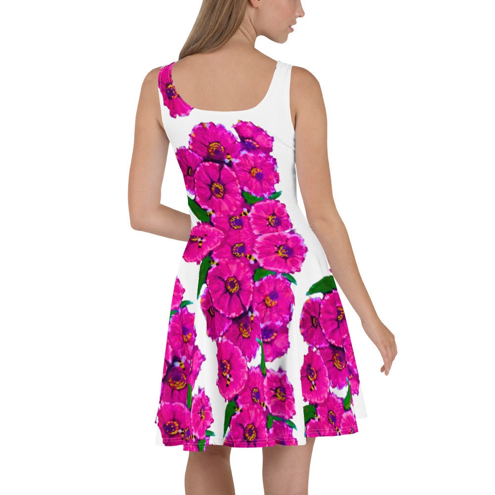 Bright Pink Floral Sleeveless Sundress, Spring Secretary Casual Outfit, Colorful Botanical Skater Dress