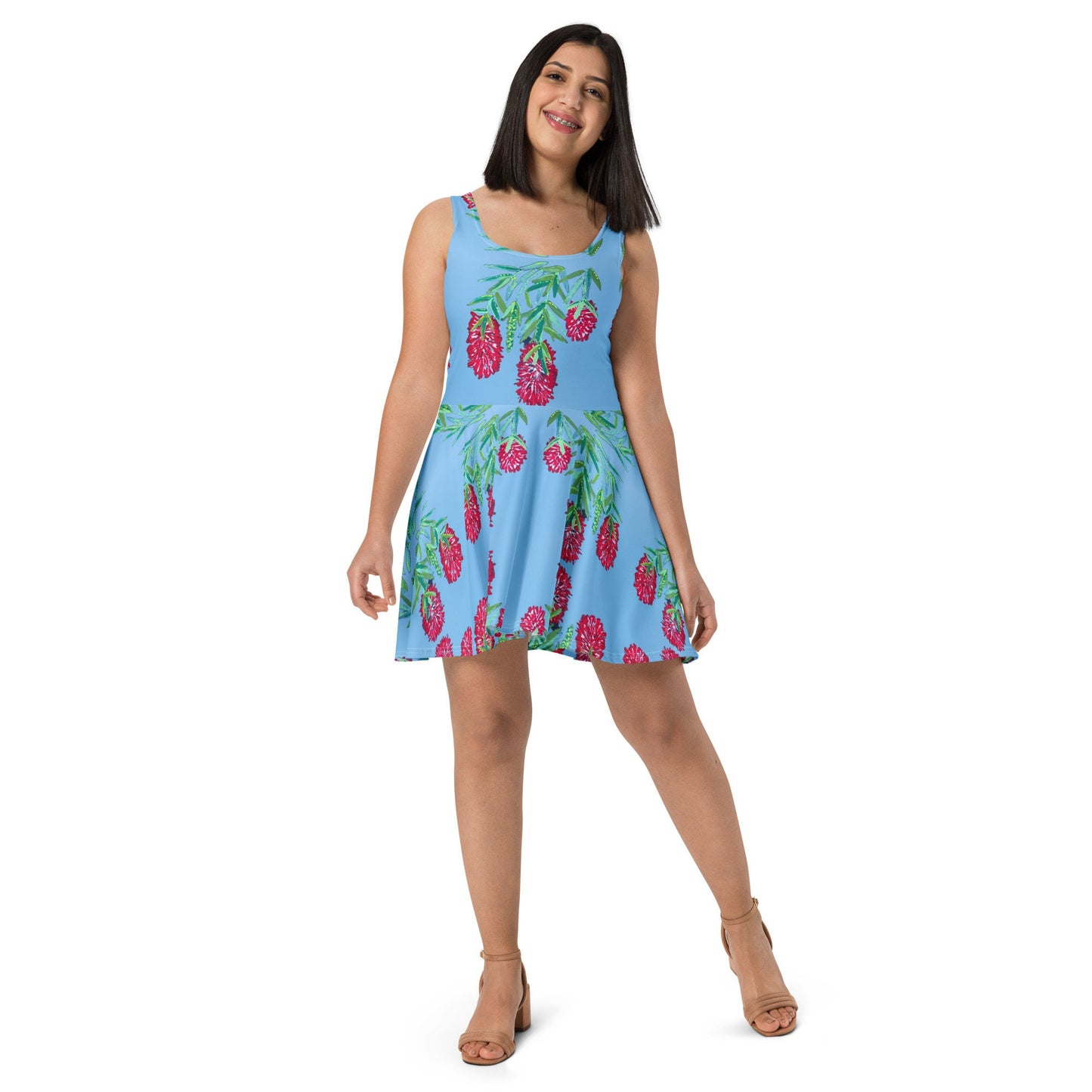 Red Weeping Bottle Brush Skater Dress, Sleeveless Casual Secretary Outfit, Trending Plus Size Sundress
