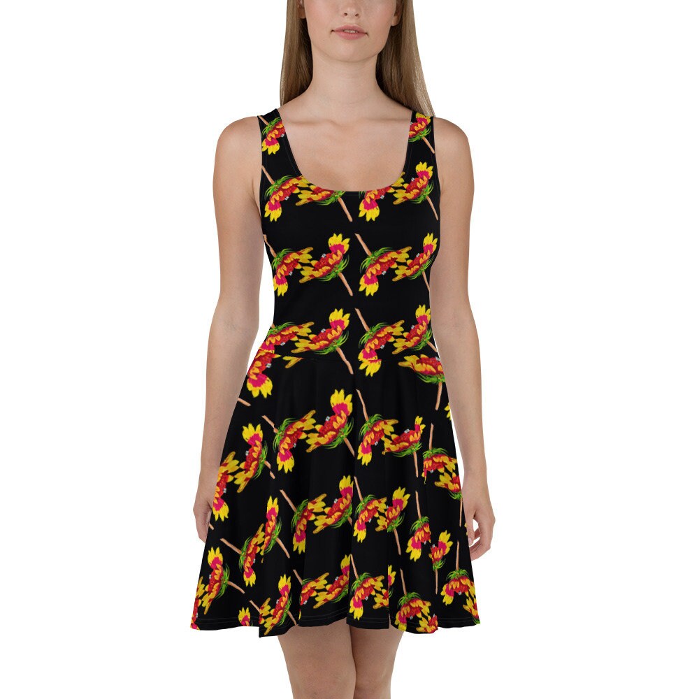 Botanical Black Floral Skater Dress, Casual Spring Club Dress, Trending Colorful Plus Size Sundress