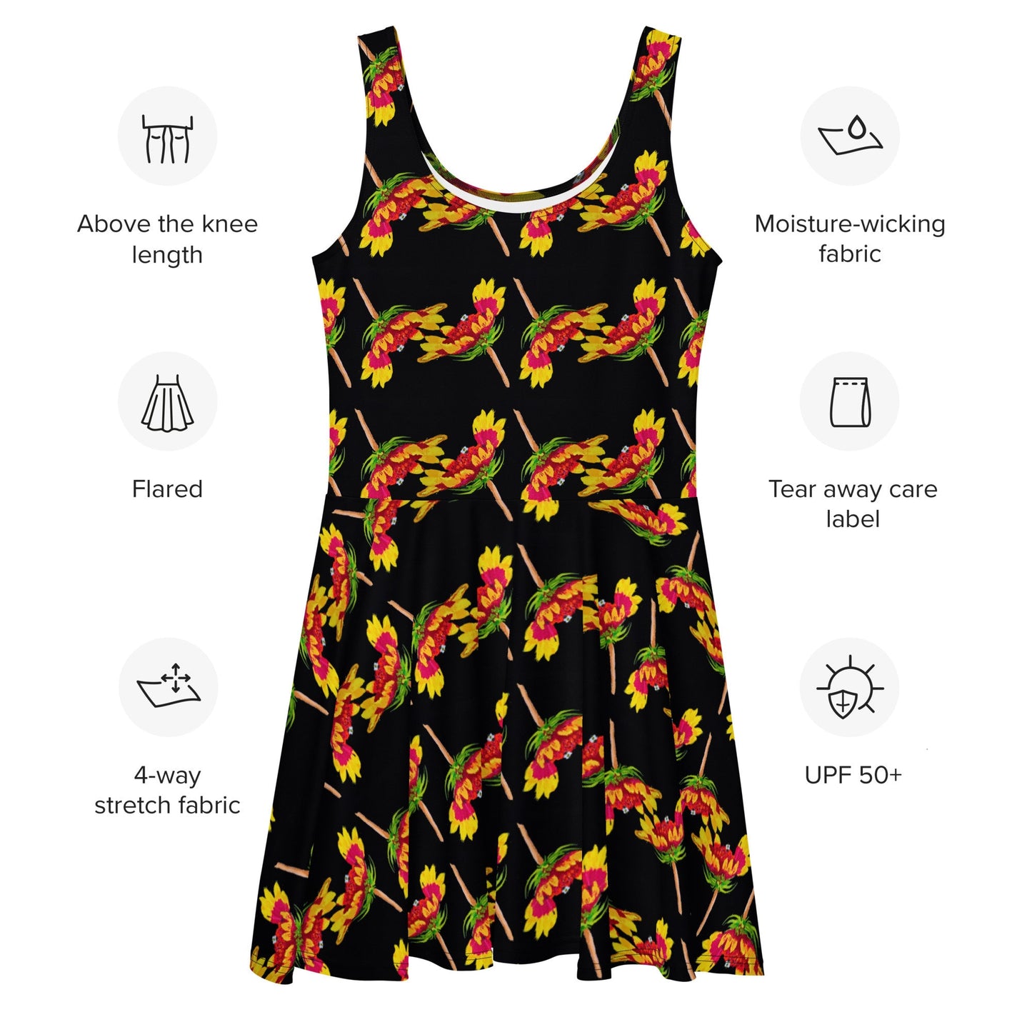 Botanical Black Floral Skater Dress, Casual Spring Club Dress, Trending Colorful Plus Size Sundress