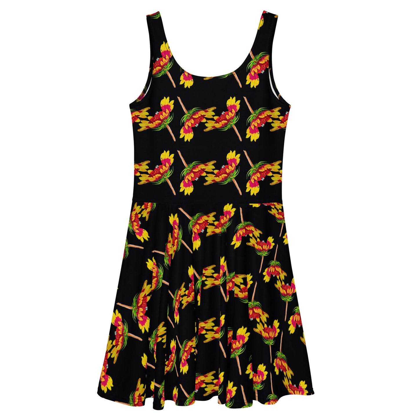 Botanical Black Floral Skater Dress, Casual Spring Club Dress, Trending Colorful Plus Size Sundress