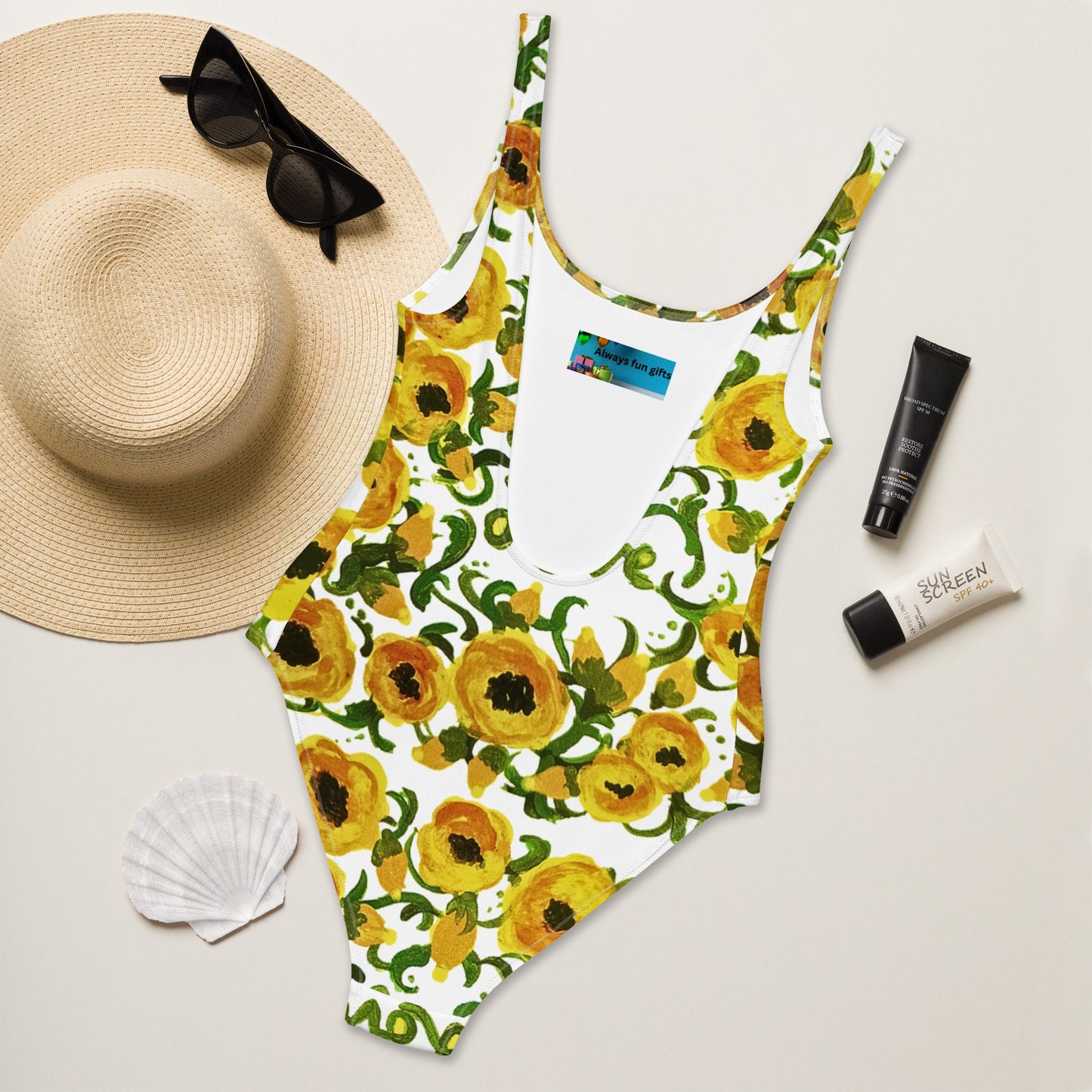 Yellow Floral Love One-Piece Swimsuit, Botanical Plus Size Swim Wear, Beach Festival Bodysuit