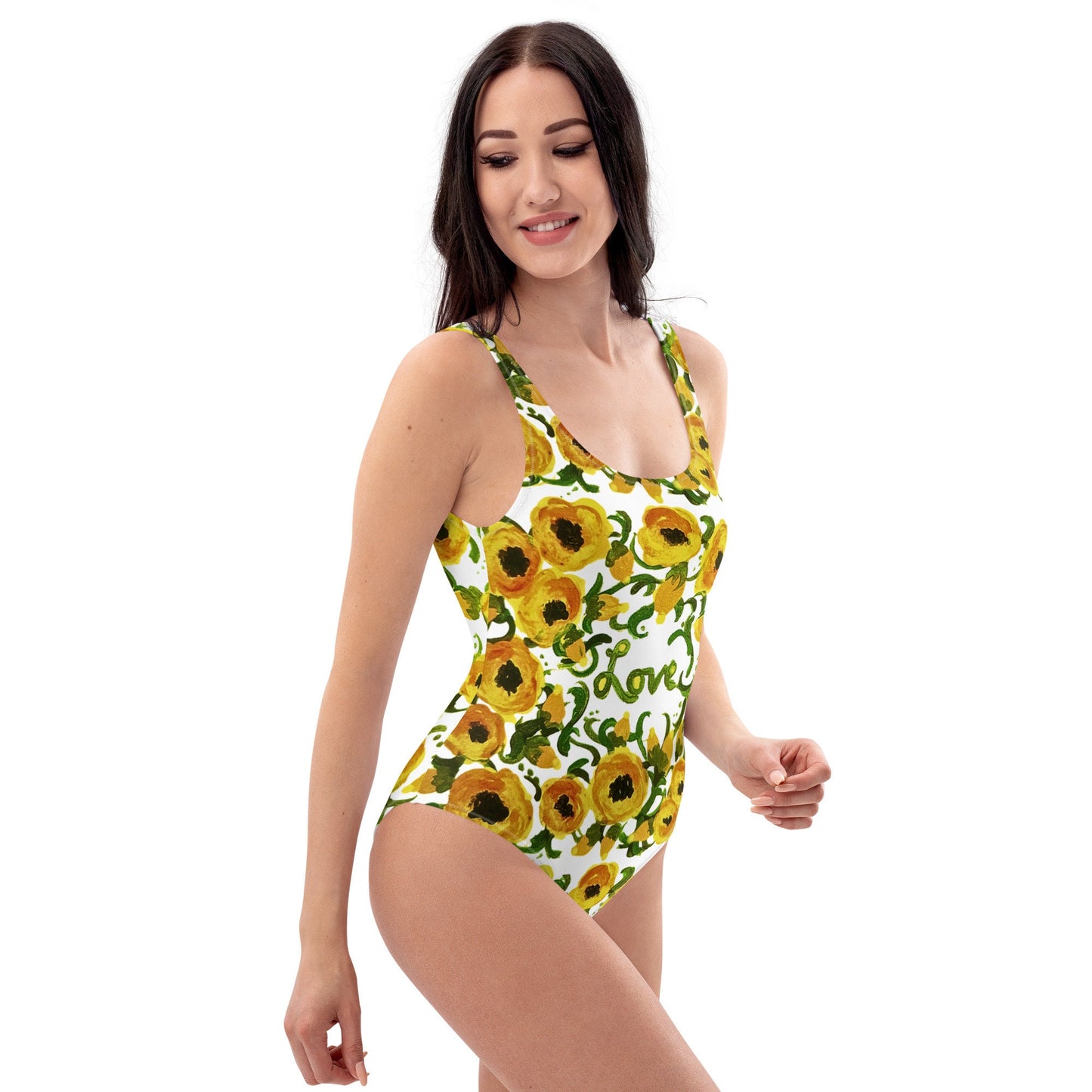 Yellow Floral Love One-Piece Swimsuit, Botanical Plus Size Swim Wear, Beach Festival Bodysuit