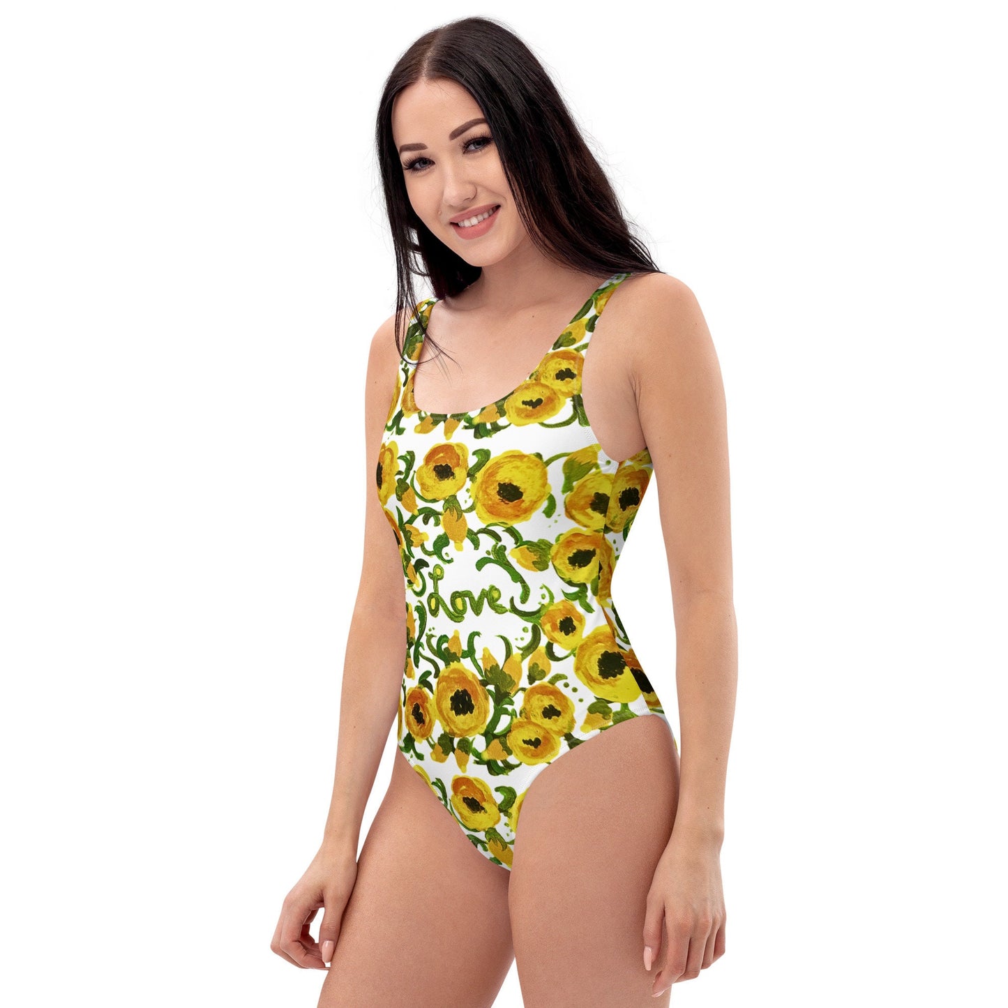 Yellow Floral Love One-Piece Swimsuit, Botanical Plus Size Swim Wear, Beach Festival Bodysuit
