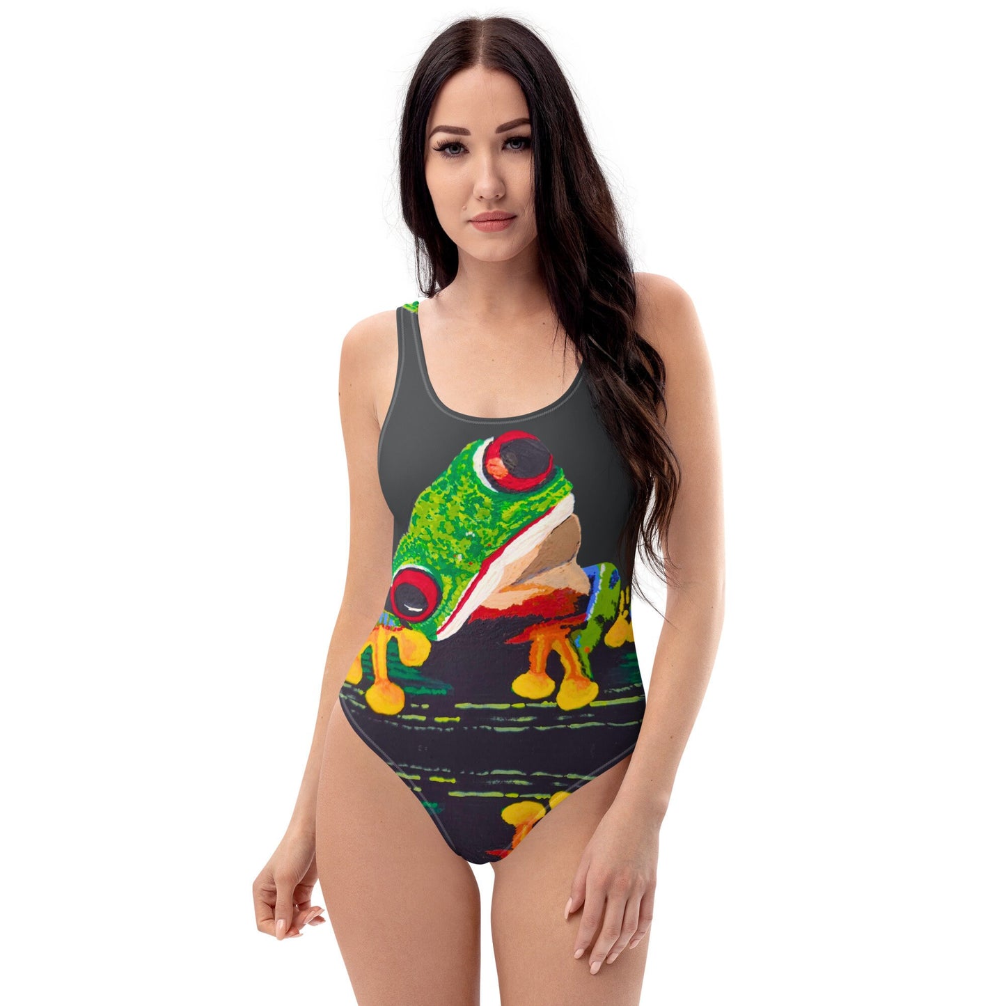 Cheeky Tree Frog One-Piece Swimsuit, Plus Size Ladies Botanical Bathing Suit, Sexy Beach Swimwear