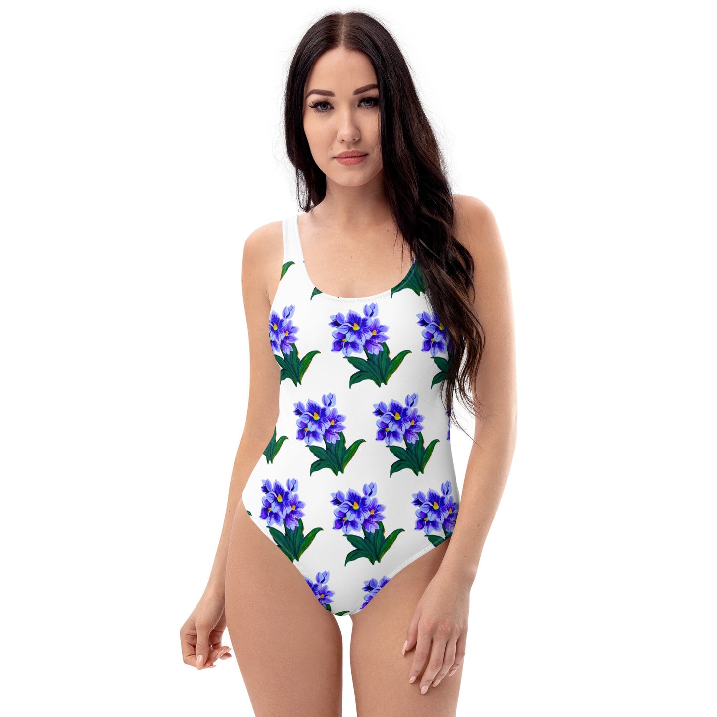 Blue Floral Pattern One-Piece Swimsuit, Botanical Plus Size Beach Swim Wear, Ladies Festival Bodysuit