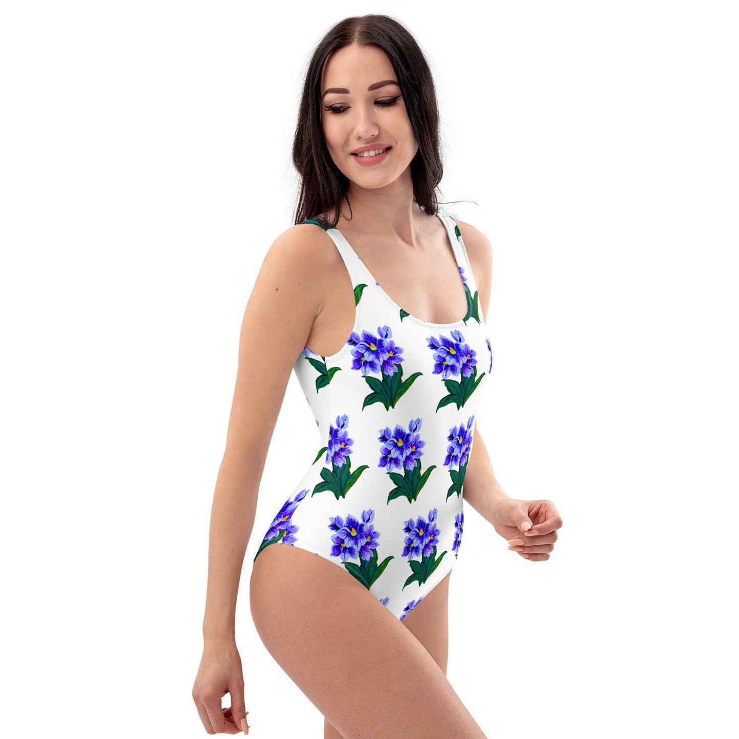 Blue Floral Pattern One-Piece Swimsuit, Botanical Plus Size Beach Swim Wear, Ladies Festival Bodysuit