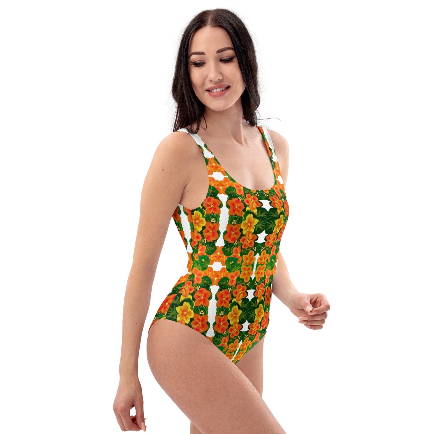 Sexy Orange Floral Pattern One-Piece Swimsuit, Plus Size Botanical Beach Swim Wear, Festival Bodysuit