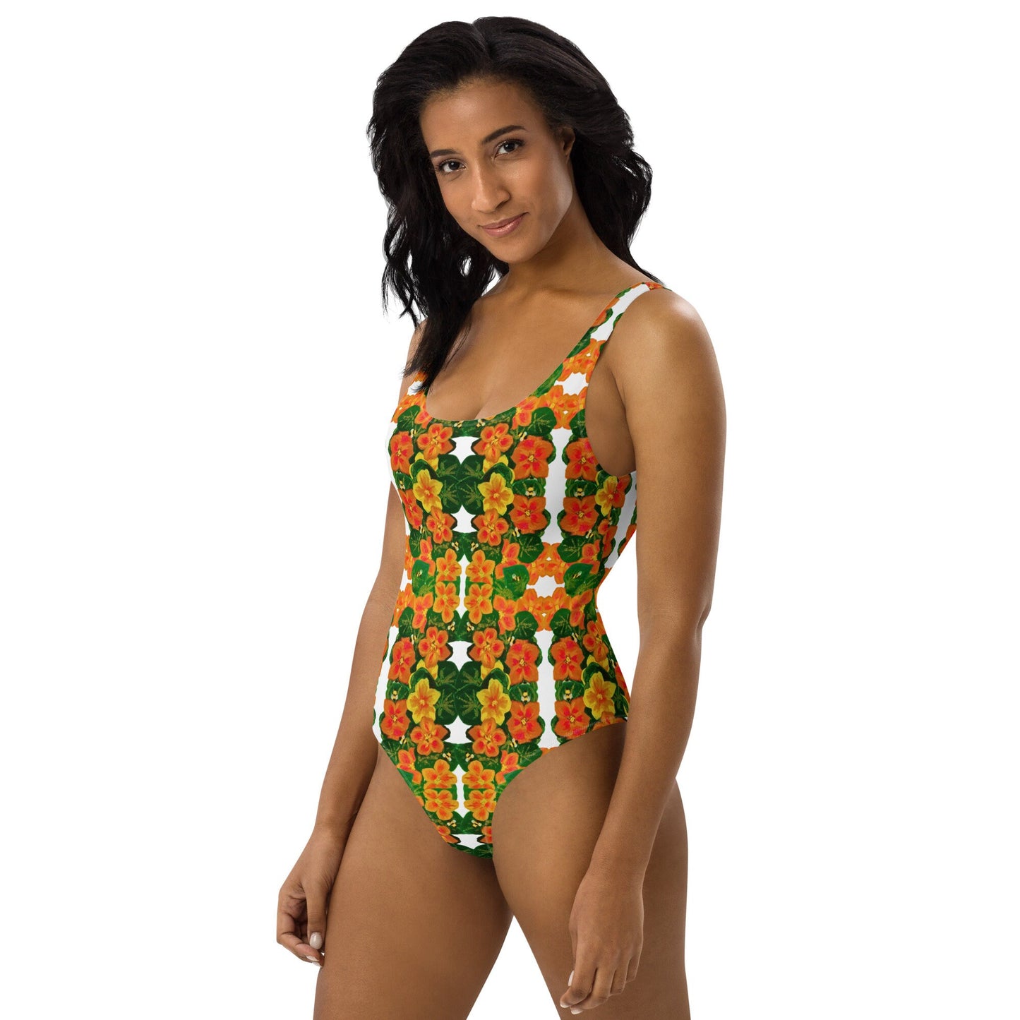 Sexy Orange Floral Pattern One-Piece Swimsuit, Plus Size Botanical Beach Swim Wear, Festival Bodysuit