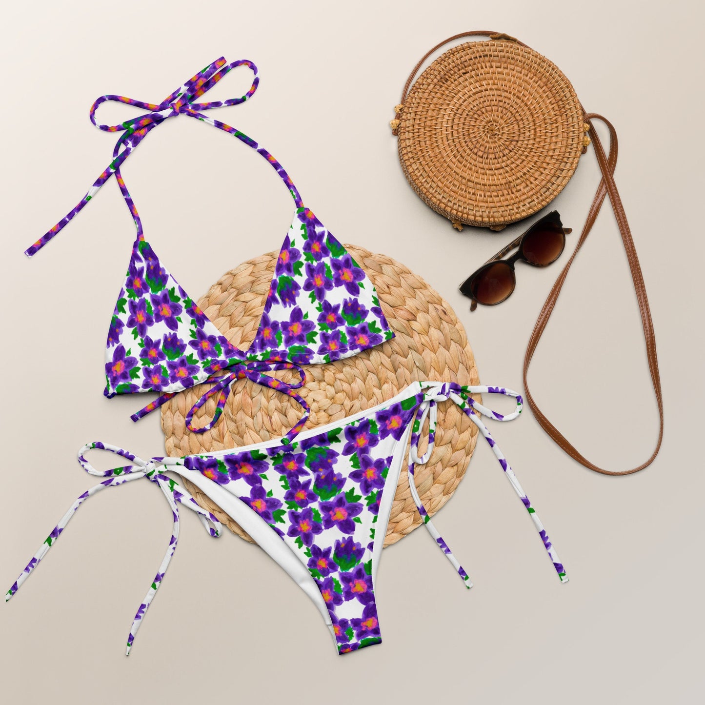 Watercolor Floral String Bikini, Sexy Botanical Bathing Suit, Plus Size Beach Swim Wear