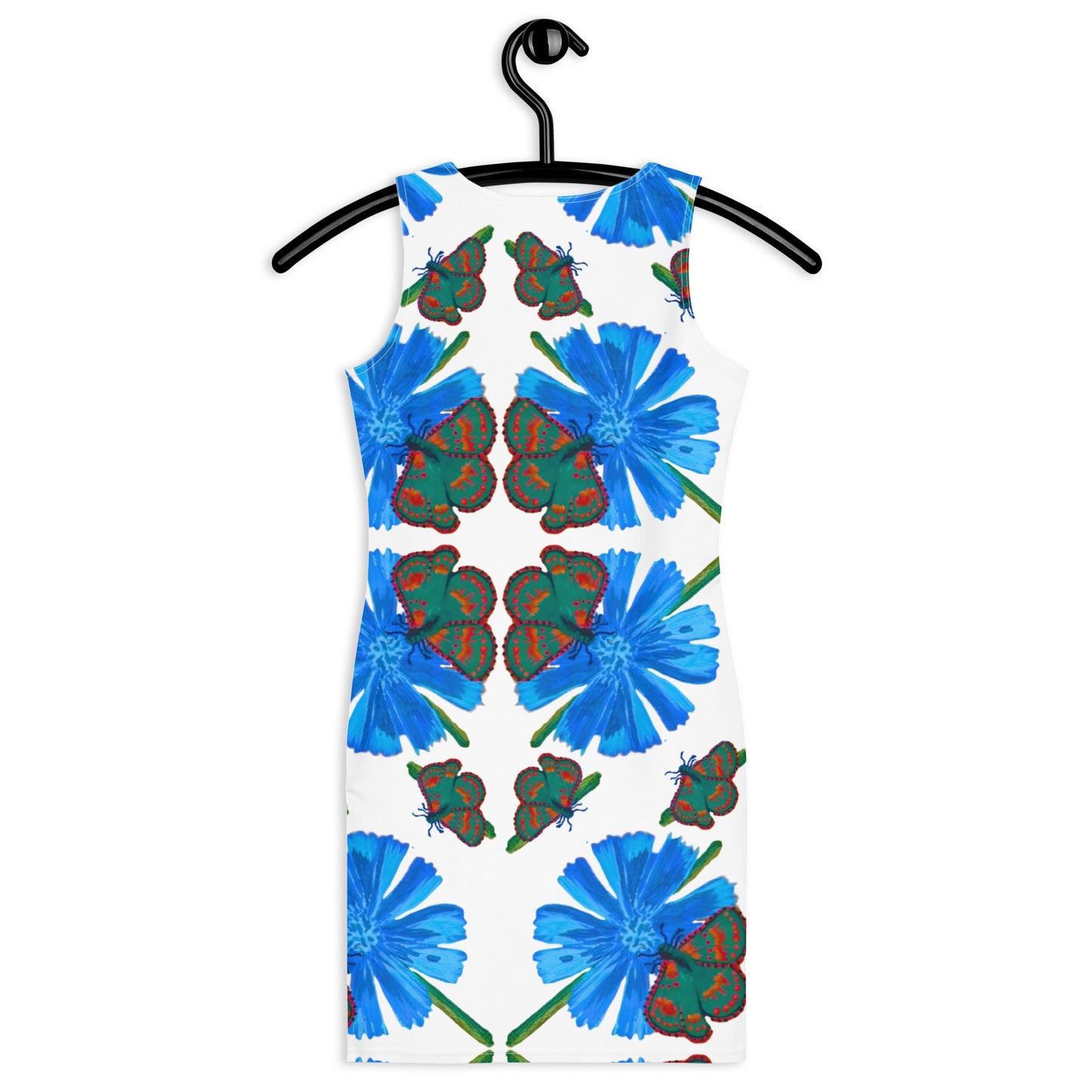 Sleeveless Floral Butterfly Bodycon Dress, Casual Spring Secretary Outfit, Colorful Tight Club Dress