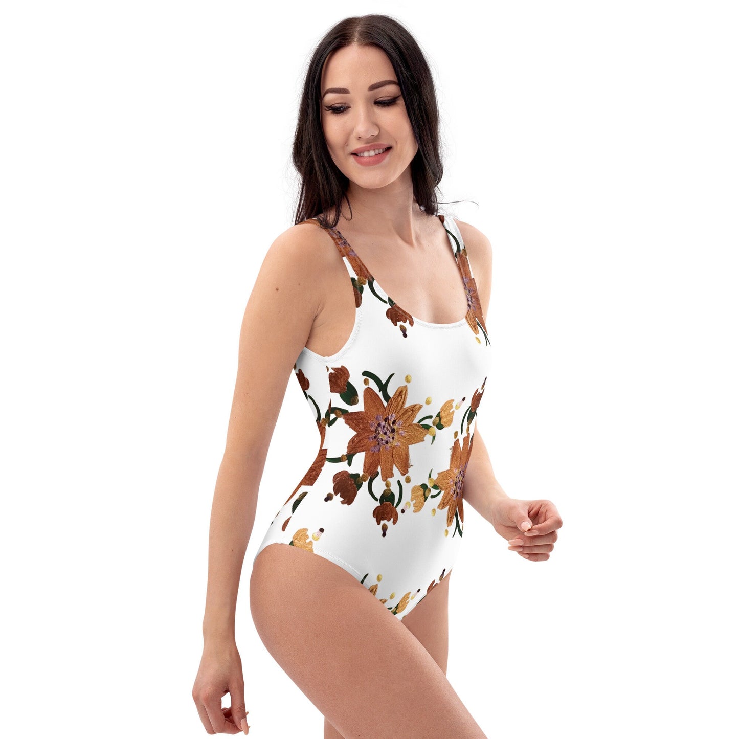 Gold Floral One-Piece Swimsuit, Ladies Retro Swimwear, Festival Bodysuit, Plus Size Beach Swimsuit