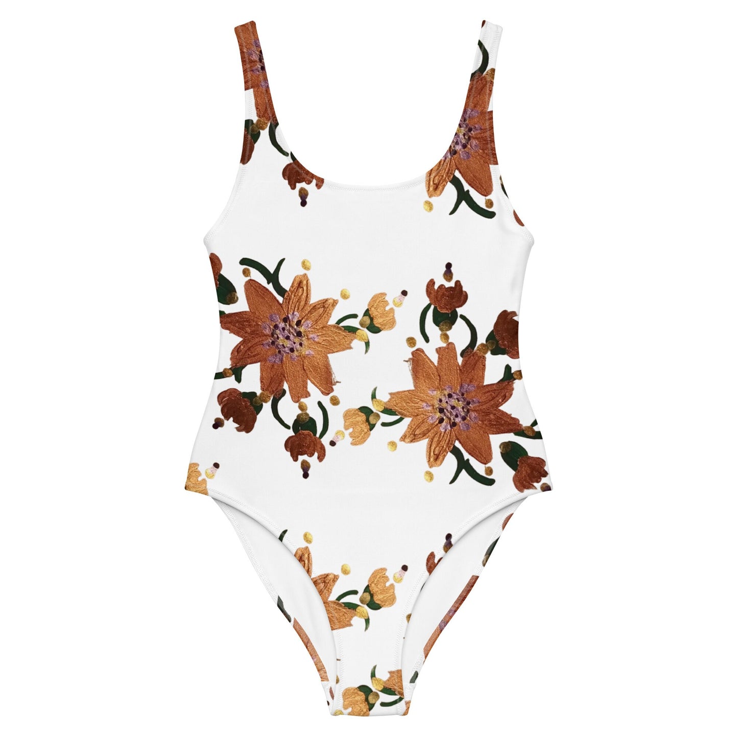 Gold Floral One-Piece Swimsuit, Ladies Retro Swimwear, Festival Bodysuit, Plus Size Beach Swimsuit