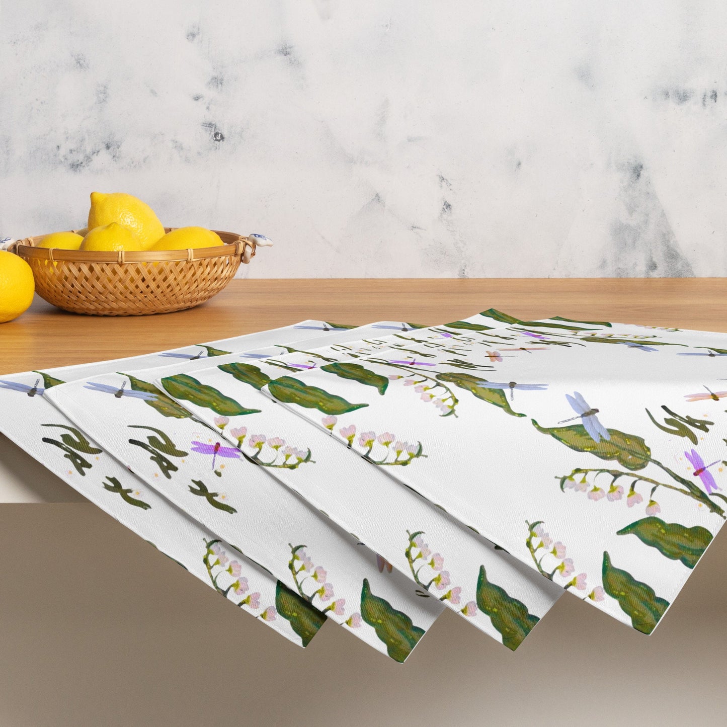 Botanical Dragonfly Placemat Set of 4, Spring Floral Wedding Placemats, Water Resistant Activity Placemats