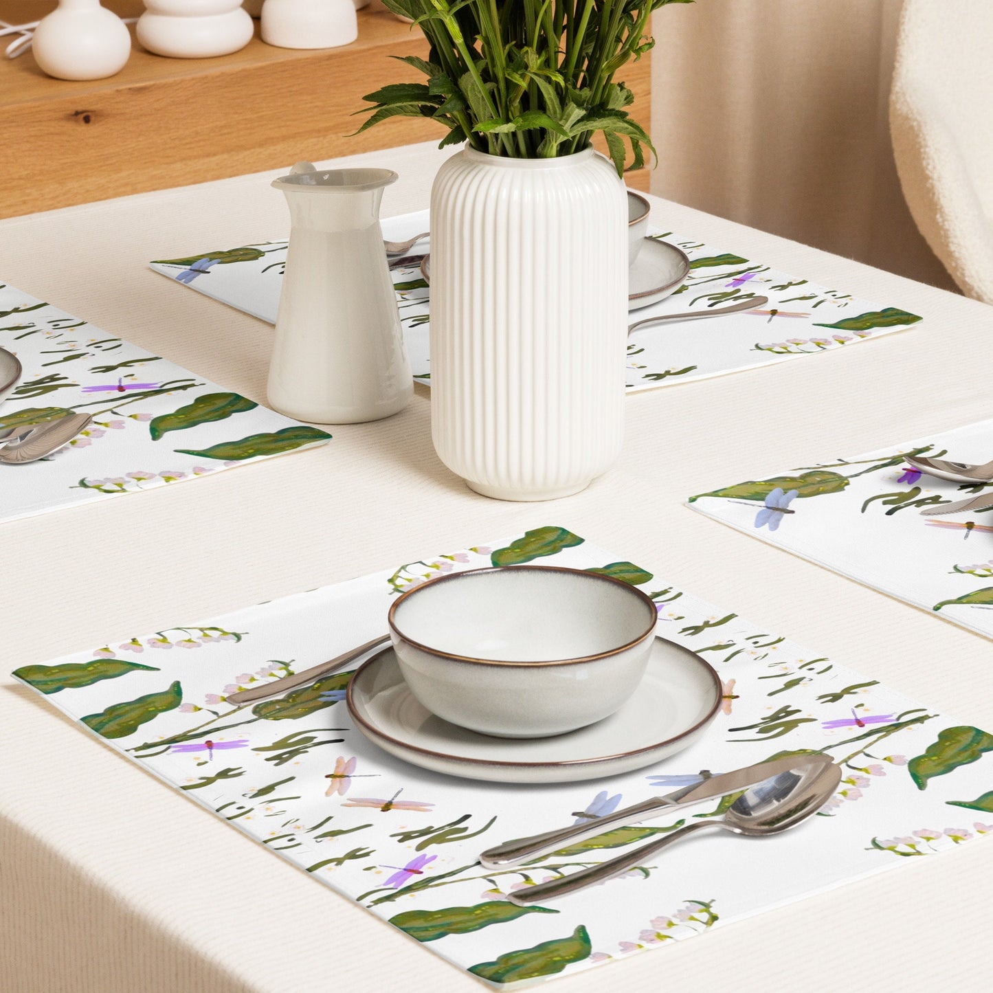 Botanical Dragonfly Placemat Set of 4, Spring Floral Wedding Placemats, Water Resistant Activity Placemats