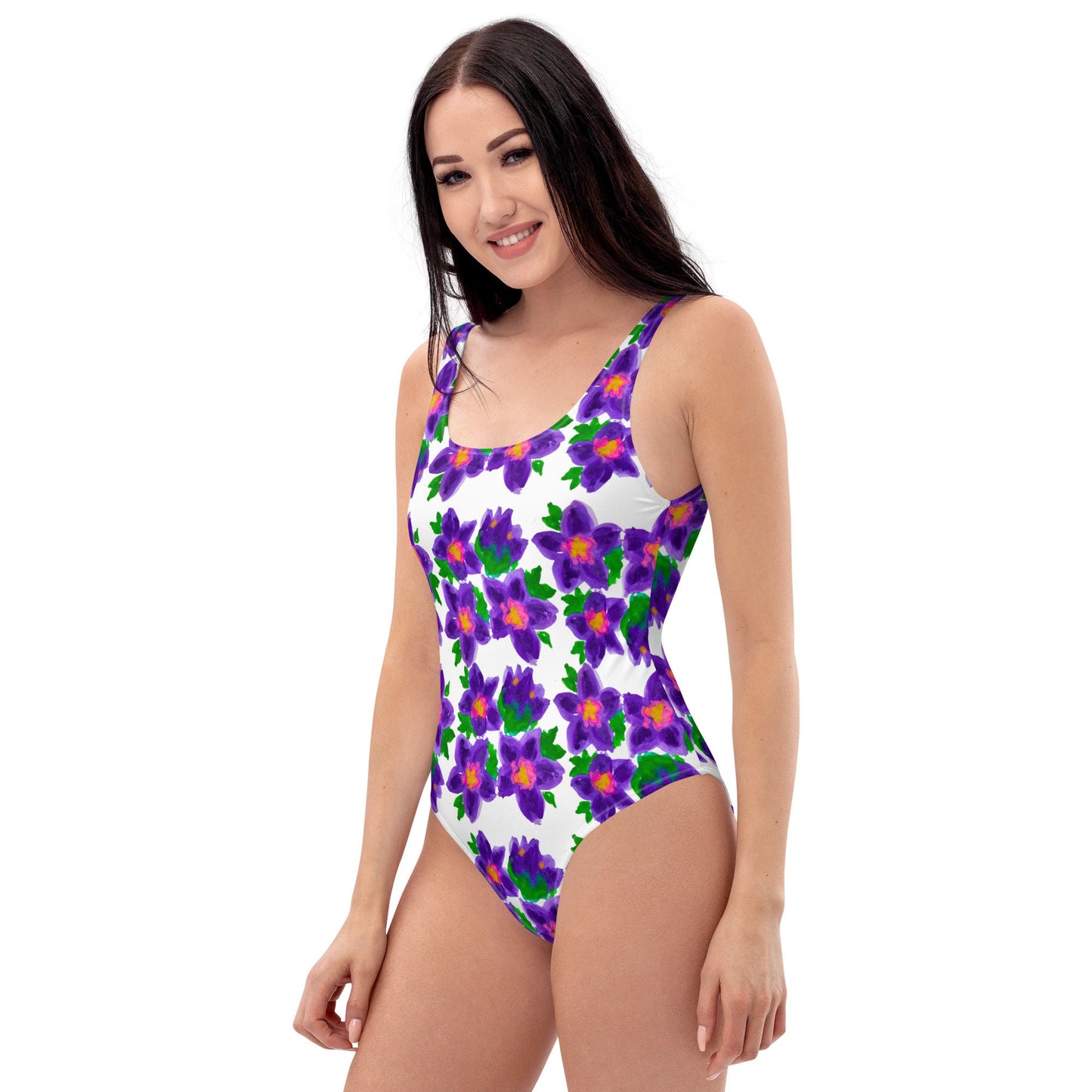 Watercolor Botanical One-Piece Swimsuit, Floral Beach Bathing Suit, Retro Plus Size Festival Bodysuit, Ladies Swimwear