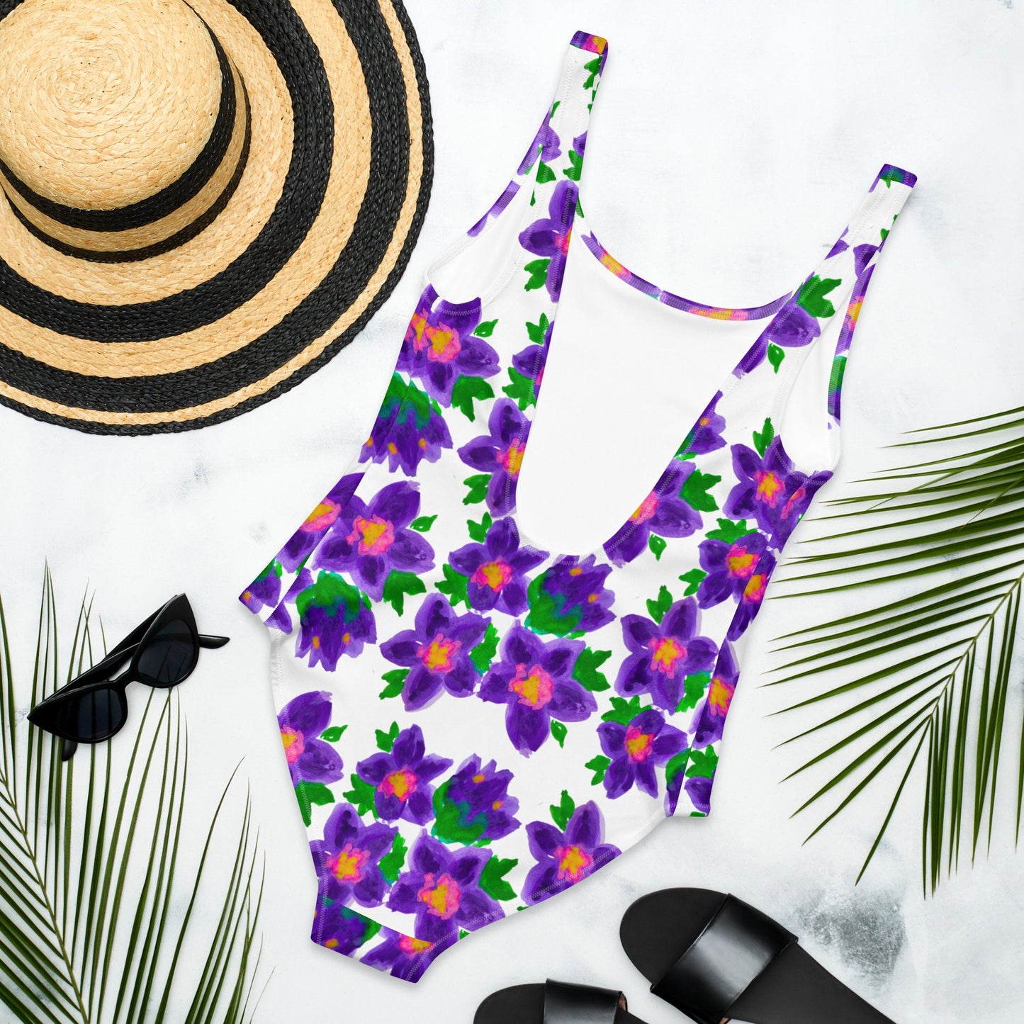 Watercolor Botanical One-Piece Swimsuit, Floral Beach Bathing Suit, Retro Plus Size Festival Bodysuit, Ladies Swimwear