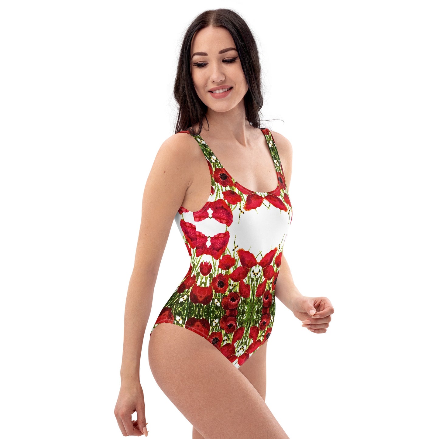 Red Poppies Floral One-Piece Swimsuit, Botanical Beach Swimwear, Festival Plus Size Bodysuit, Retro Bathing Suit