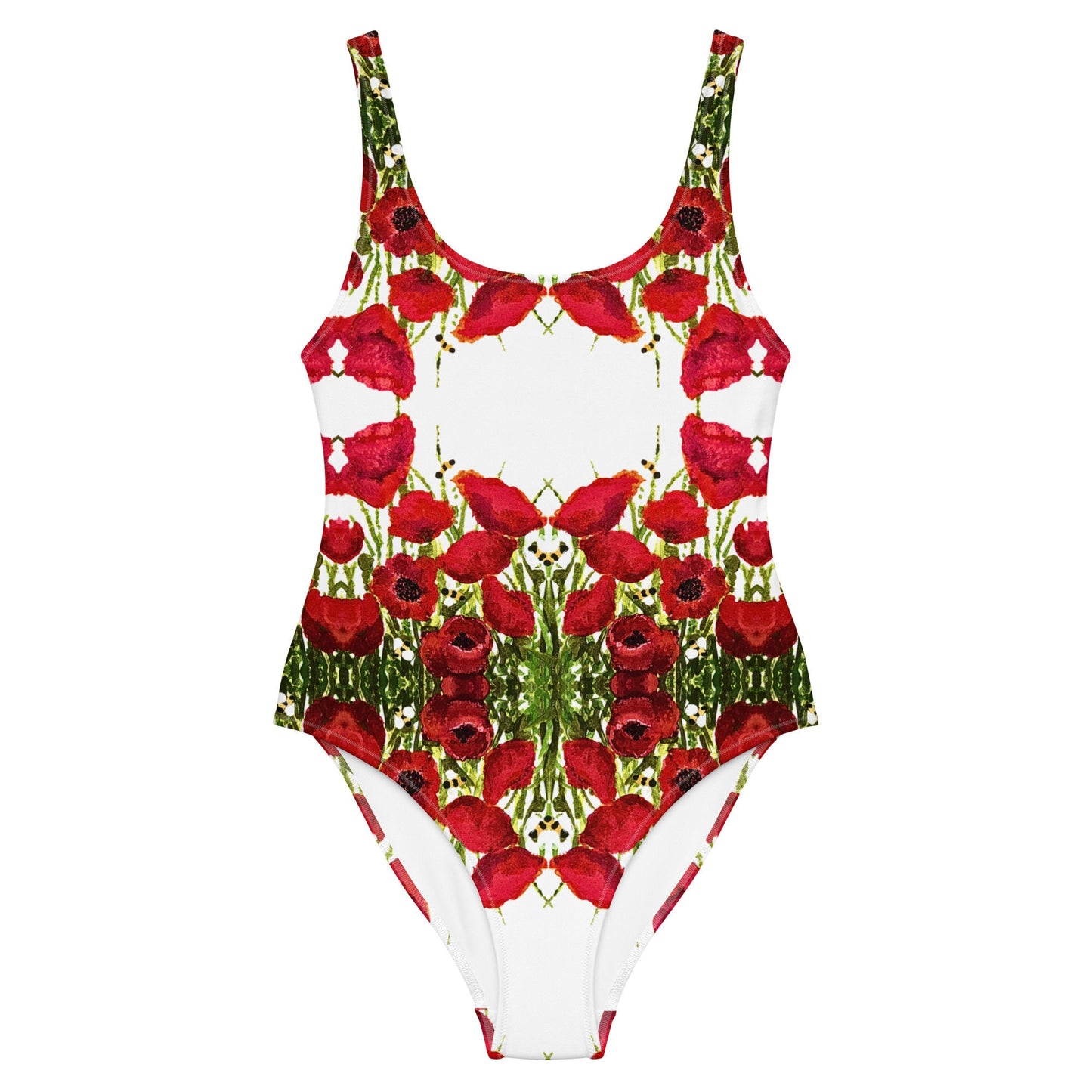 Red Poppies Floral One-Piece Swimsuit, Botanical Beach Swimwear, Festival Plus Size Bodysuit, Retro Bathing Suit
