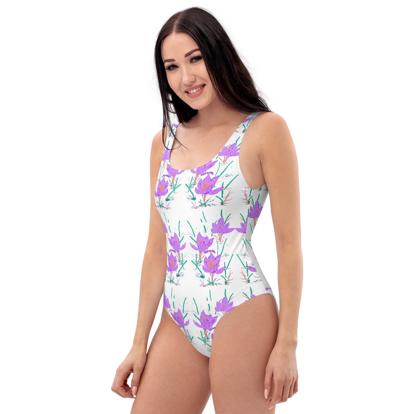 Crocus Flower Botanical One-Piece Swimsuit, Vintage Beach Bathing Suit, Colorful Festival Bodysuit, Plus Size Ladies Swimwear