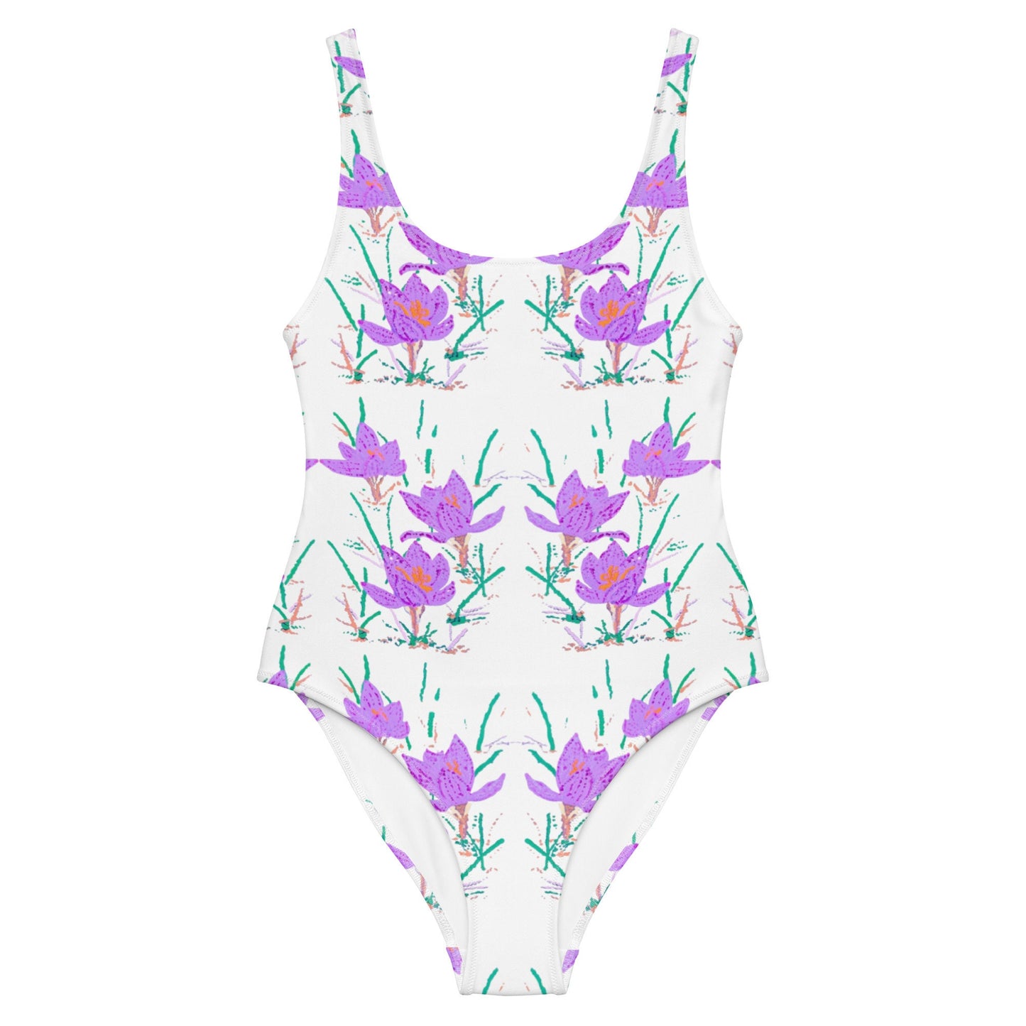 Crocus Flower Botanical One-Piece Swimsuit, Vintage Beach Bathing Suit, Colorful Festival Bodysuit, Plus Size Ladies Swimwear