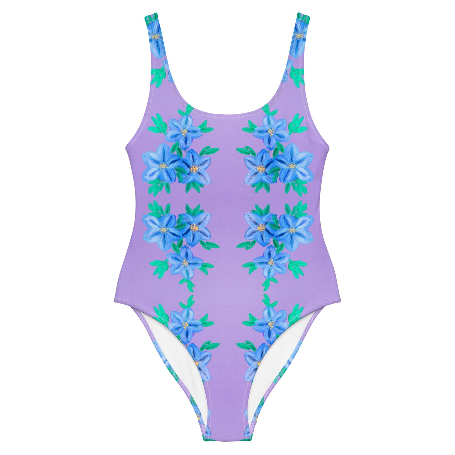 Forget Me Not Purple One-Piece Swimsuit, Ladies Floral Swimwear, Plus Size Beach Bathing Suit, Colorful Botanical Festival Bodysuit