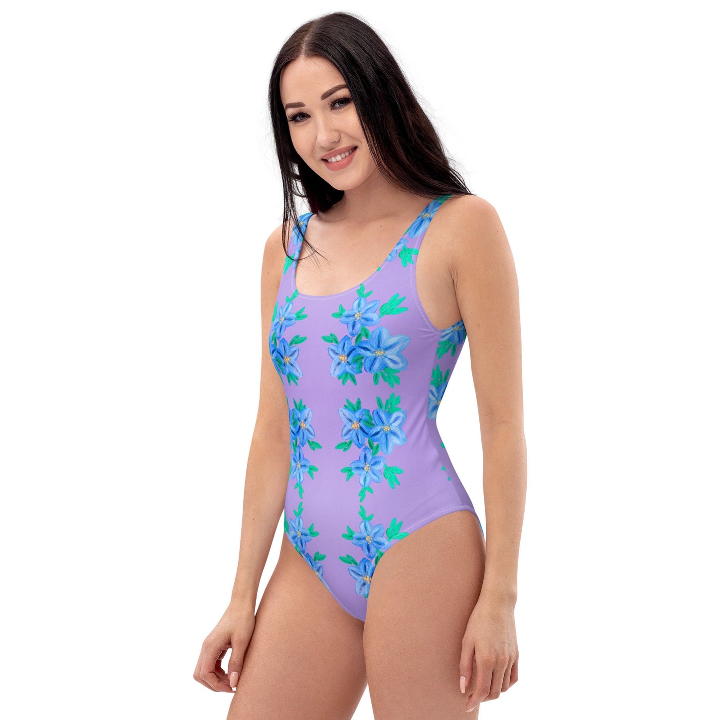 Forget Me Not Purple One-Piece Swimsuit, Ladies Floral Swimwear, Plus Size Beach Bathing Suit, Colorful Botanical Festival Bodysuit