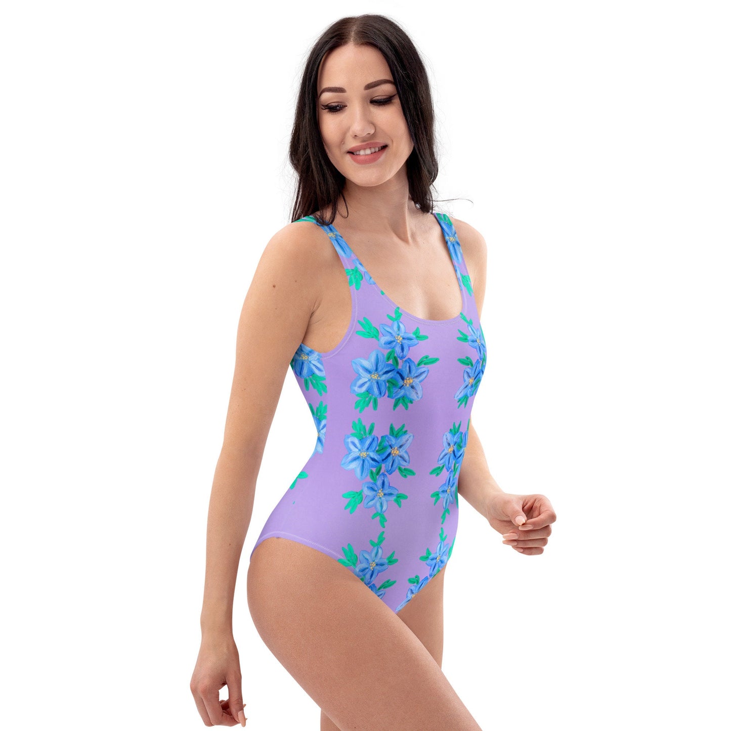 Forget Me Not Purple One-Piece Swimsuit, Ladies Floral Swimwear, Plus Size Beach Bathing Suit, Colorful Botanical Festival Bodysuit