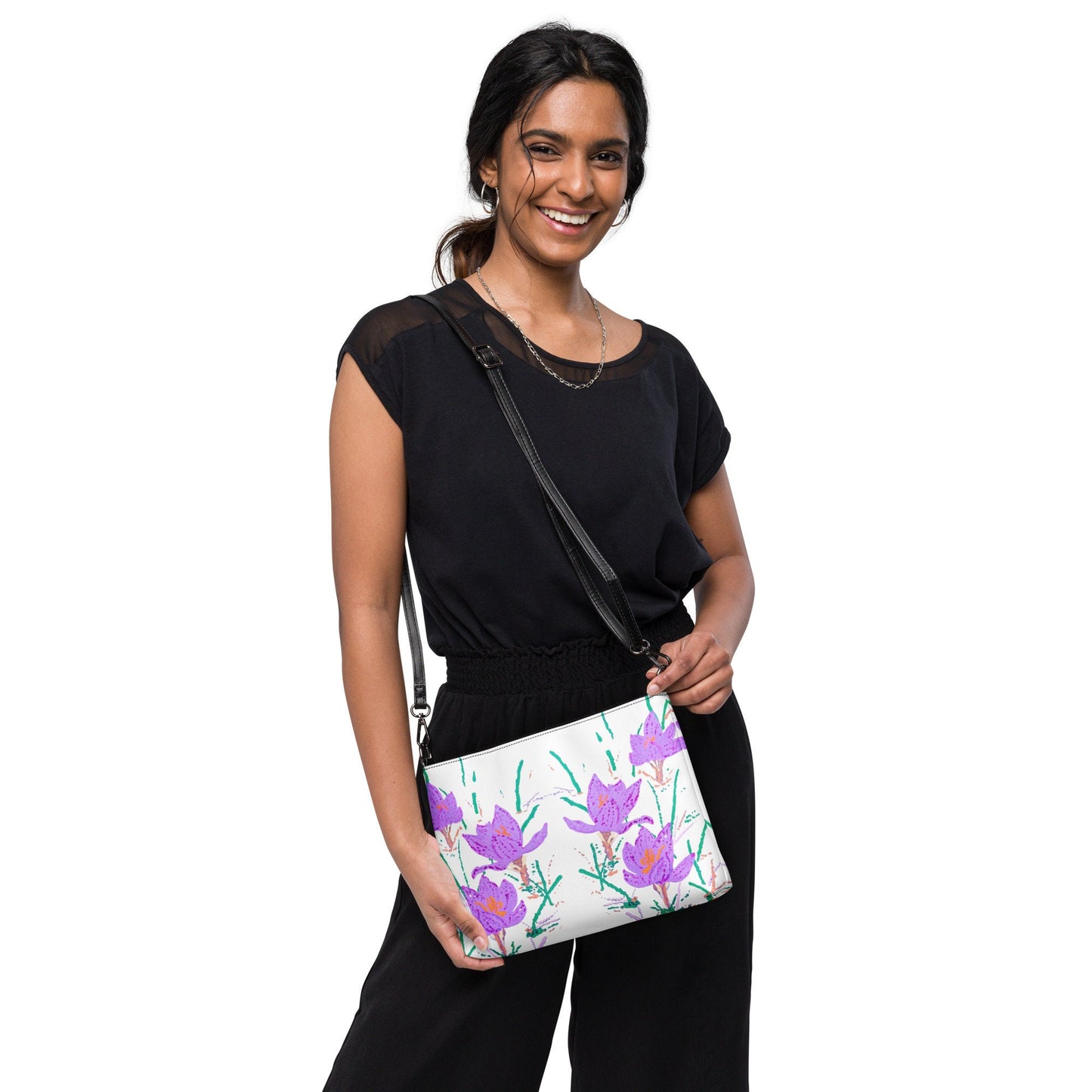 Crocus Flower Satchel Bag, Nature Inspired Crossbody Sling Bag, Small Zippered Simple Bag