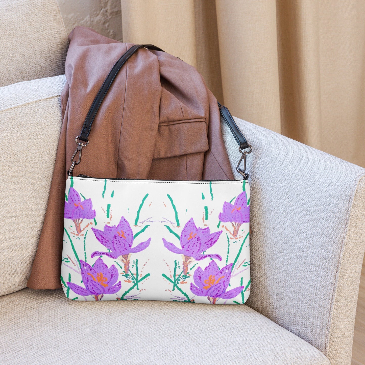 Crocus Flower Satchel Bag, Nature Inspired Crossbody Sling Bag, Small Zippered Simple Bag