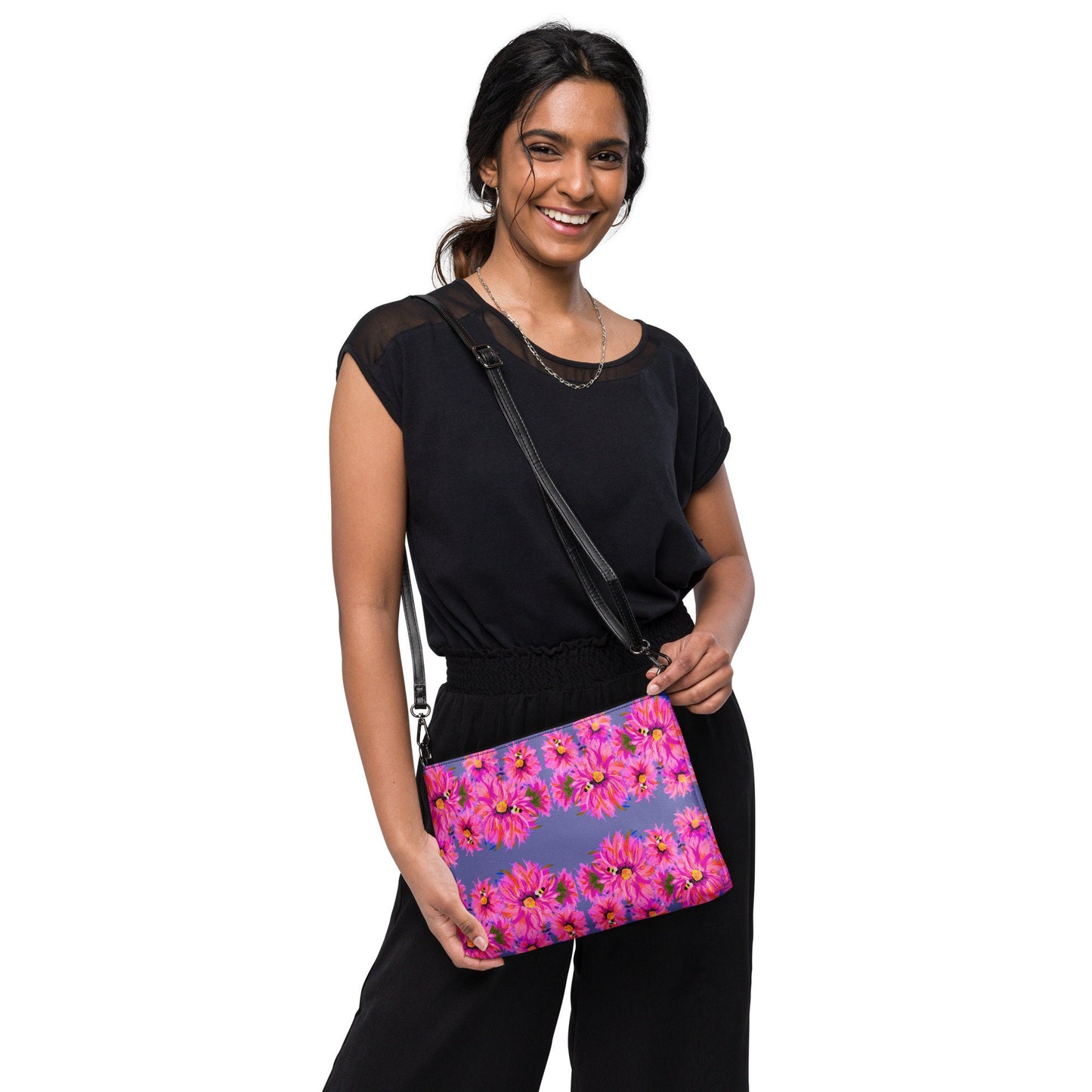 Fluffy Pink on Grey Crossbody Bag, Nature Inspired Trendy Satchel Bag, Small Adjustuble Strap Purse with Pockets