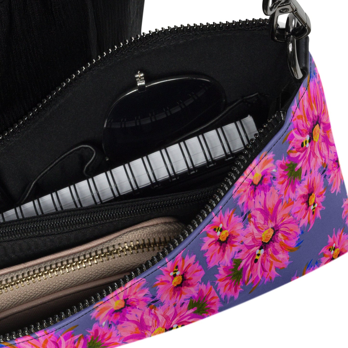 Fluffy Pink on Grey Crossbody Bag, Nature Inspired Trendy Satchel Bag, Small Adjustuble Strap Purse with Pockets