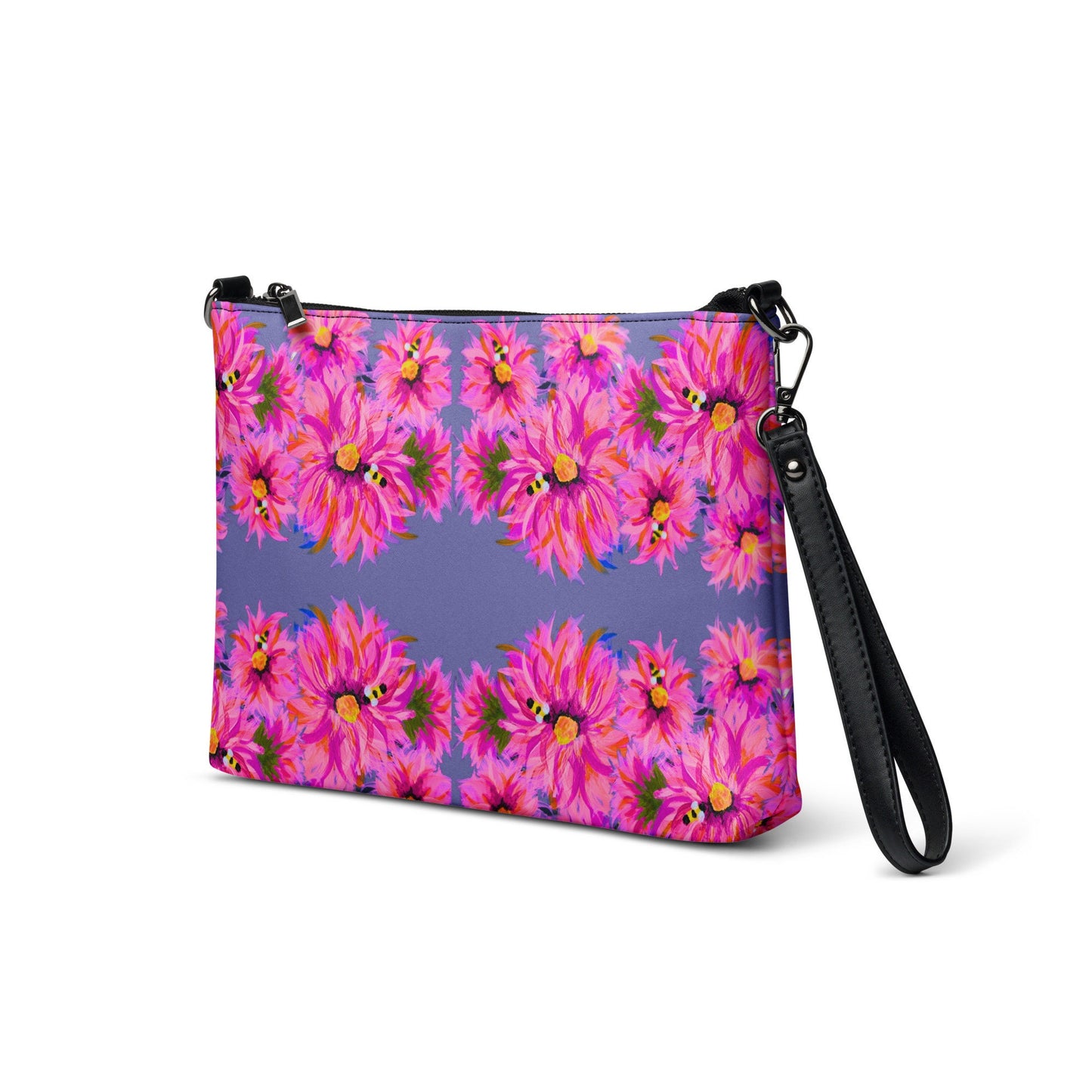 Fluffy Pink on Grey Crossbody Bag, Nature Inspired Trendy Satchel Bag, Small Adjustuble Strap Purse with Pockets