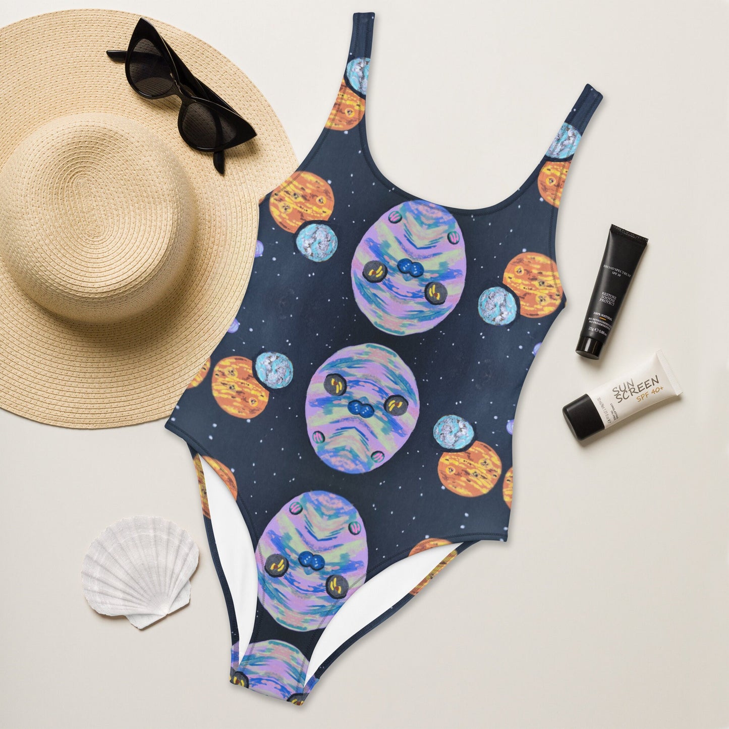 Galaxy Space Pattern One-Piece Swimsuit, Cheeky Bride Plus Size Swimwear, Festival Rave Bodysuit, Retro Bathing Suit